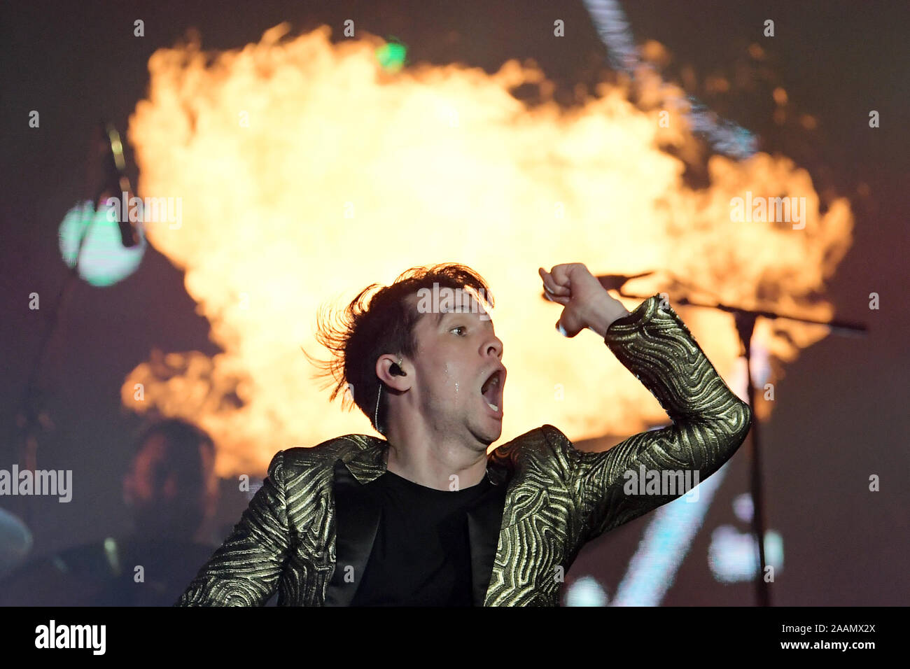 Rio de Janeiro, Brasilien, am 3. Oktober 2019. Sänger Brendon Urie der Panik! In der Disco, während ein Konzert bei Rock in Rio 2019 in der Stadt von Rio. Stockfoto