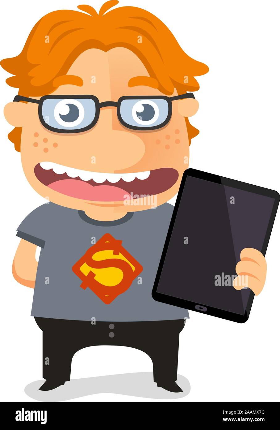 Super geek, rot gefärbt nerd Holding ein Ipad mit dicker Hornbrille Vector Illustration. Stock Vektor