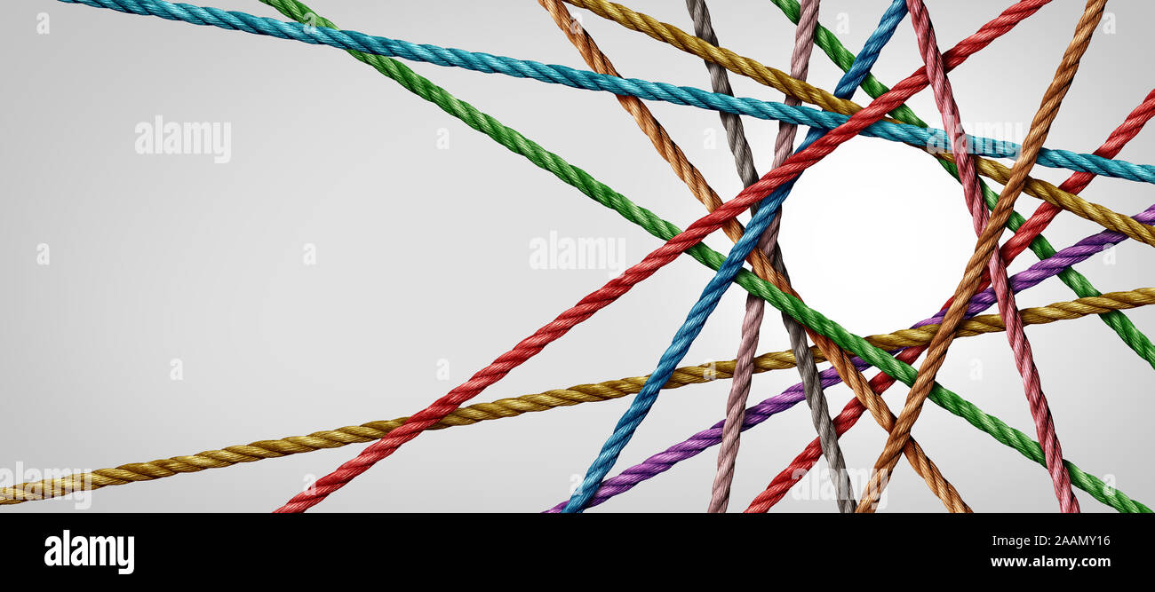 Verbunden divesisty und Kreis geformte Gruppe der Seile entsteht eine zentrale kreisförmige Form in einer horizontalen Zusammensetzung als Konzept verbinden. Stockfoto
