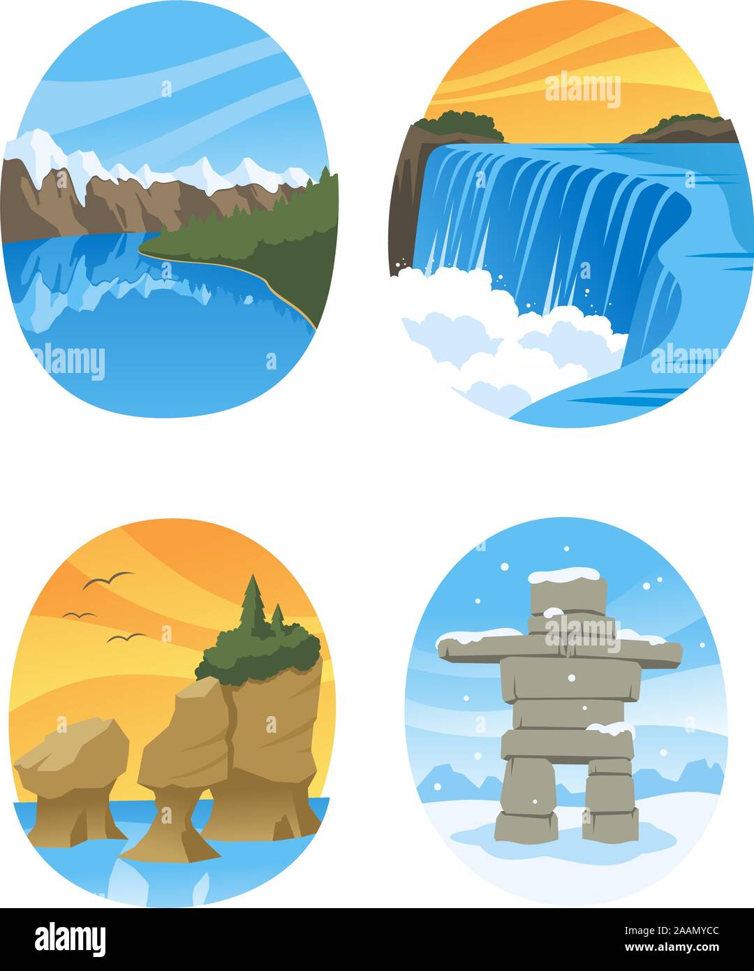 Kanadische Natur Sehenswürdigkeiten Kanada Wahrzeichen, mit Hopewell Rocks, kanadische Rockies, Kanadischen Rocky, Niagara Falls Vector Illustration Cartoon. Stock Vektor
