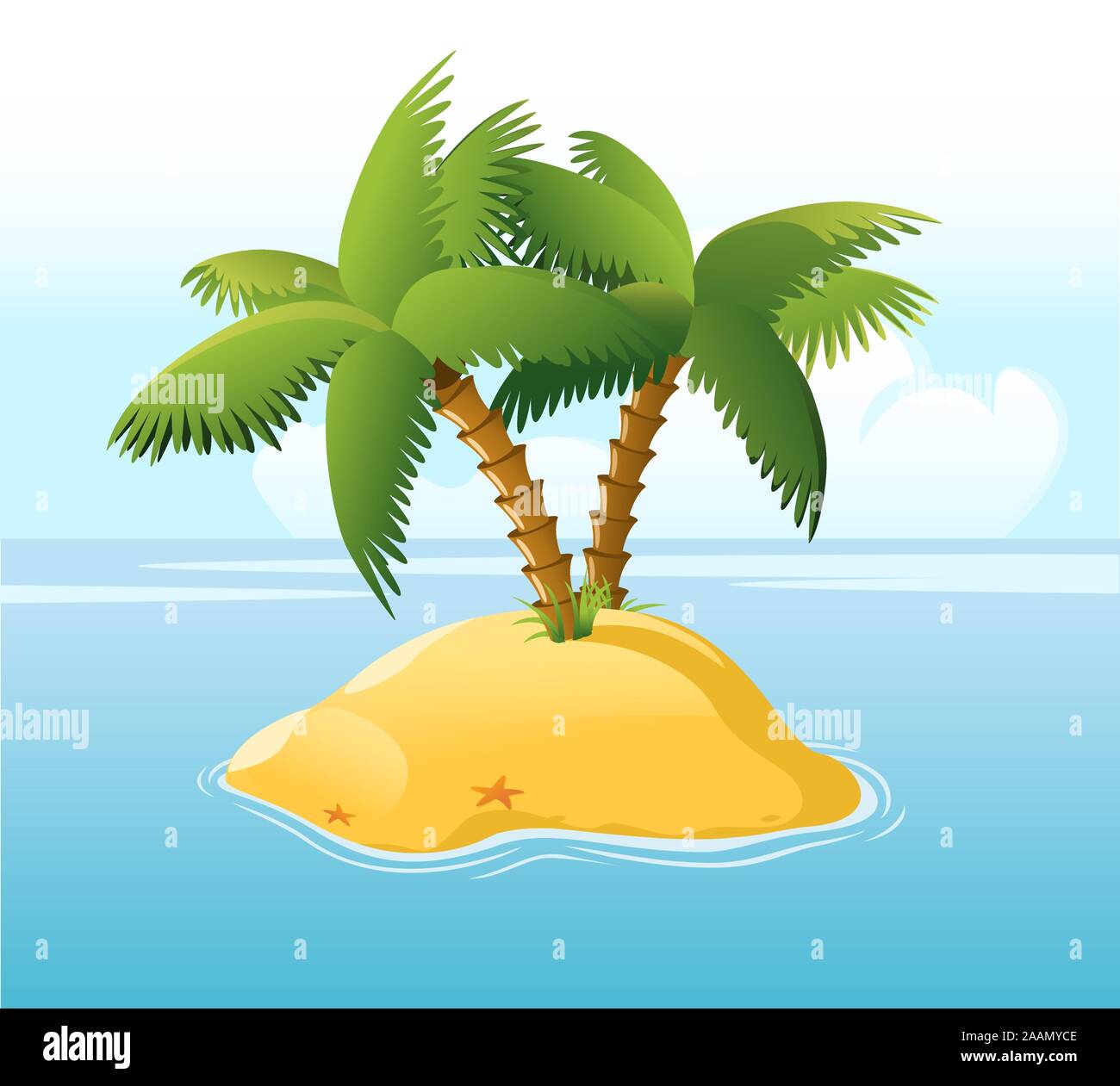 Einsame Insel mit Palmen, blauem Meer und Sterne Fischen umgeben, mit Stern Vector Illustration Cartoon. Stock Vektor