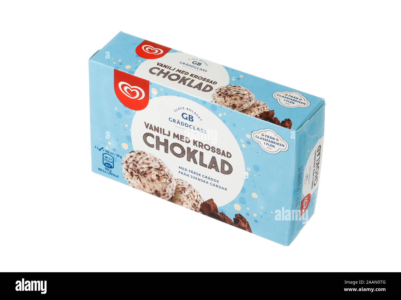 Stockholm, Schweden - 22. November 2019: ein Paket von GB produziert mit Vanilleeis mit zerquetschten Schokolade für den schwedischen Markt. Stockfoto