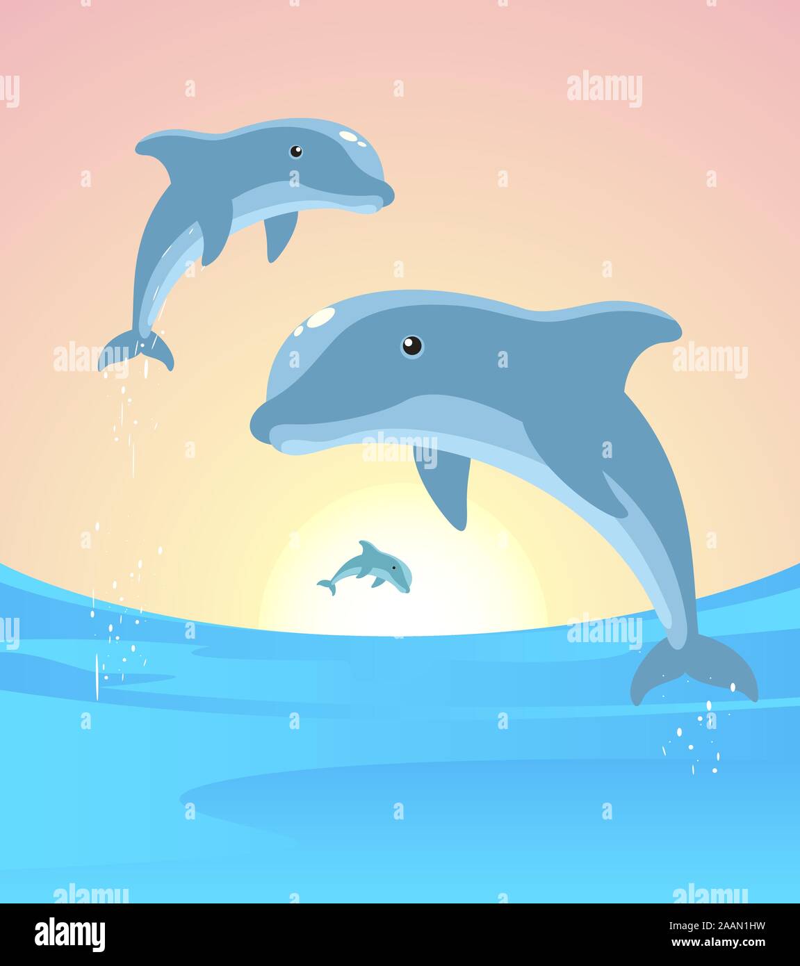 Drei Delphine springen aus dem Wasser in der Horizon-Vektor-Illustration. Stock Vektor