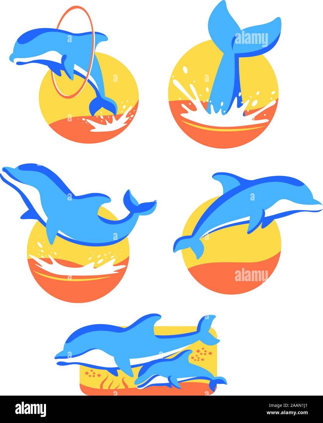 Fünf Dolphin Symbole set mit fünf verschiedenen Delfine in fünf verschiedenen Situationen-Vektor-Illustration. Stock Vektor