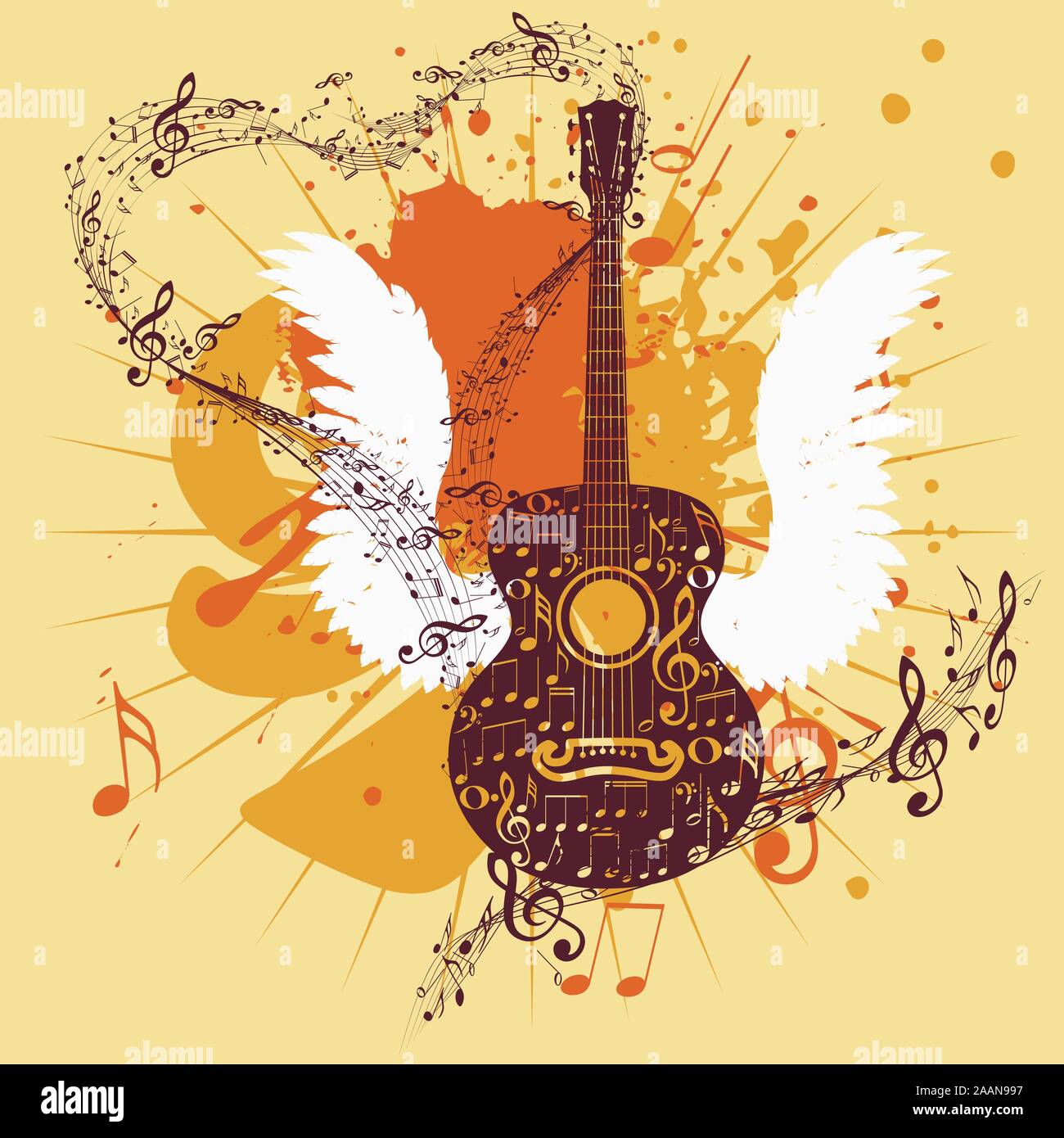 Grunge Plakat mit stilisierten Gitarre und Noten Stock-Vektorgrafik - Alamy