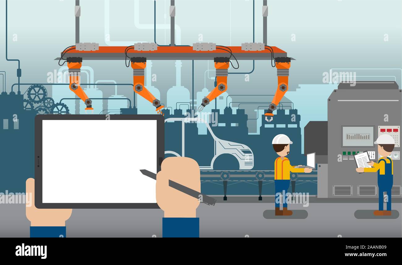 Hand halten, leeren Bildschirm Tablette im Automobilwerk mit Roboter Montagelinie und Ingenieure flache Design Vector Illustration Stock Vektor