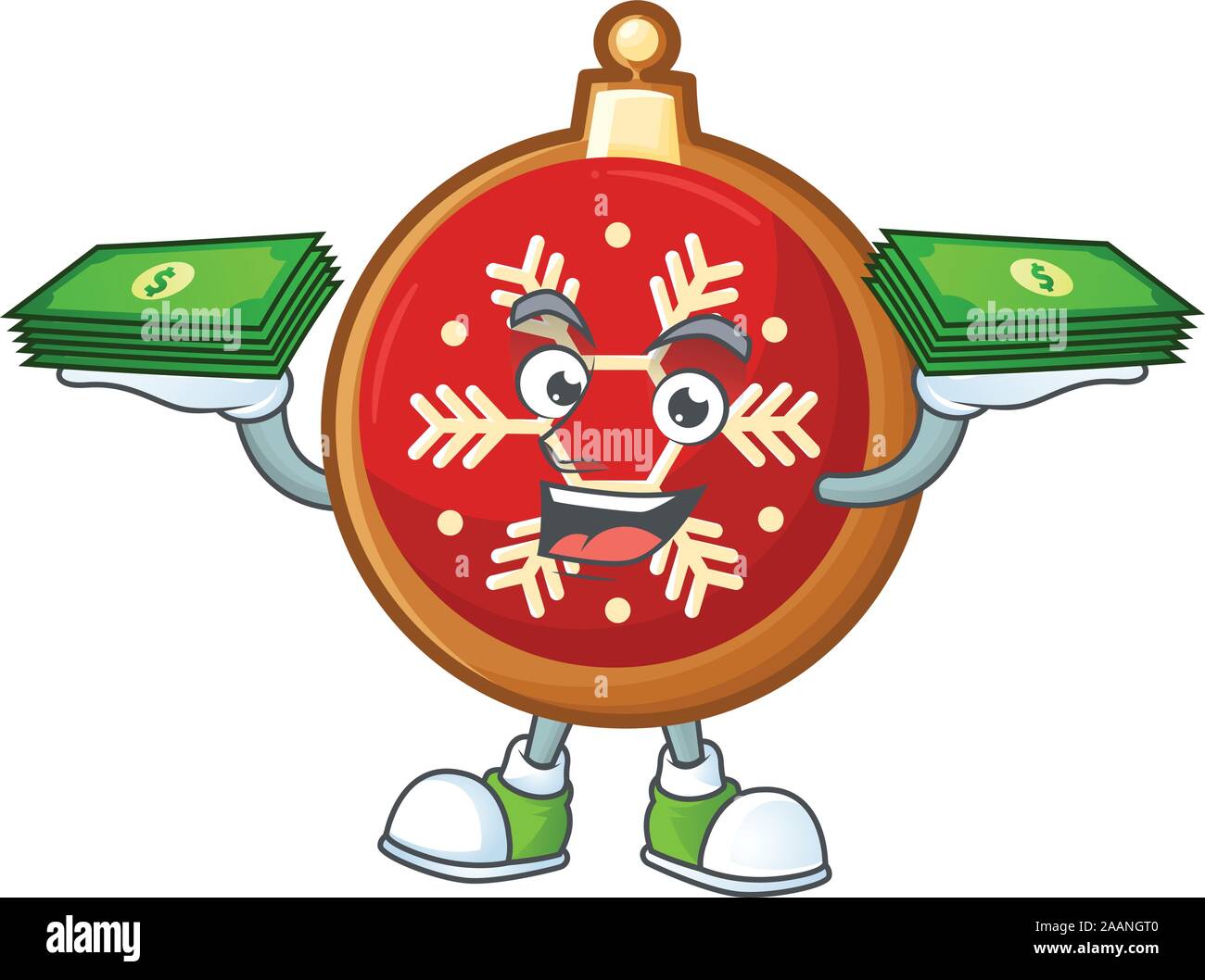 Zuversichtlich smiley red christmas ball Charakter mit Geld beutel. Stock Vektor