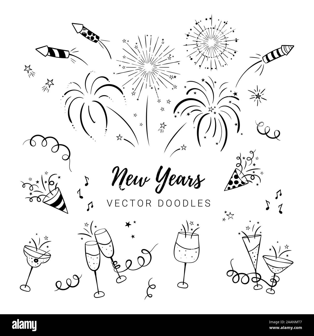 Spaß Hand gezeichnet Neue Jahre Partei doodles - Feuerwerk, Papier Streamer, Cocktails und Raketen, ideal für Banner, Tapeten, Textilien, Umwickeln - Vektor Stockfoto