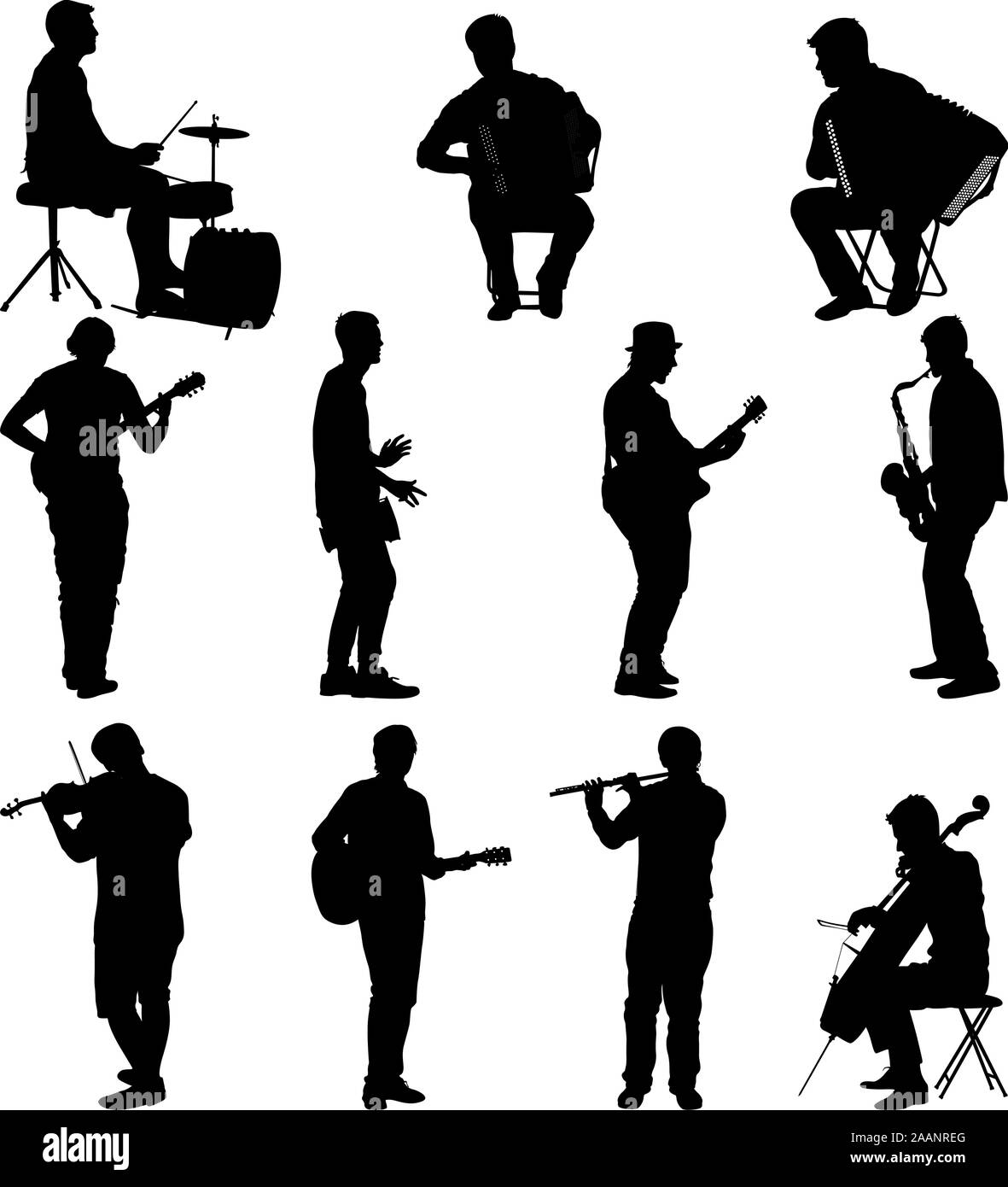 Silhouetten Straßenmusikanten spielen Instrumente auf einem weißen Hintergrund. Stock Vektor