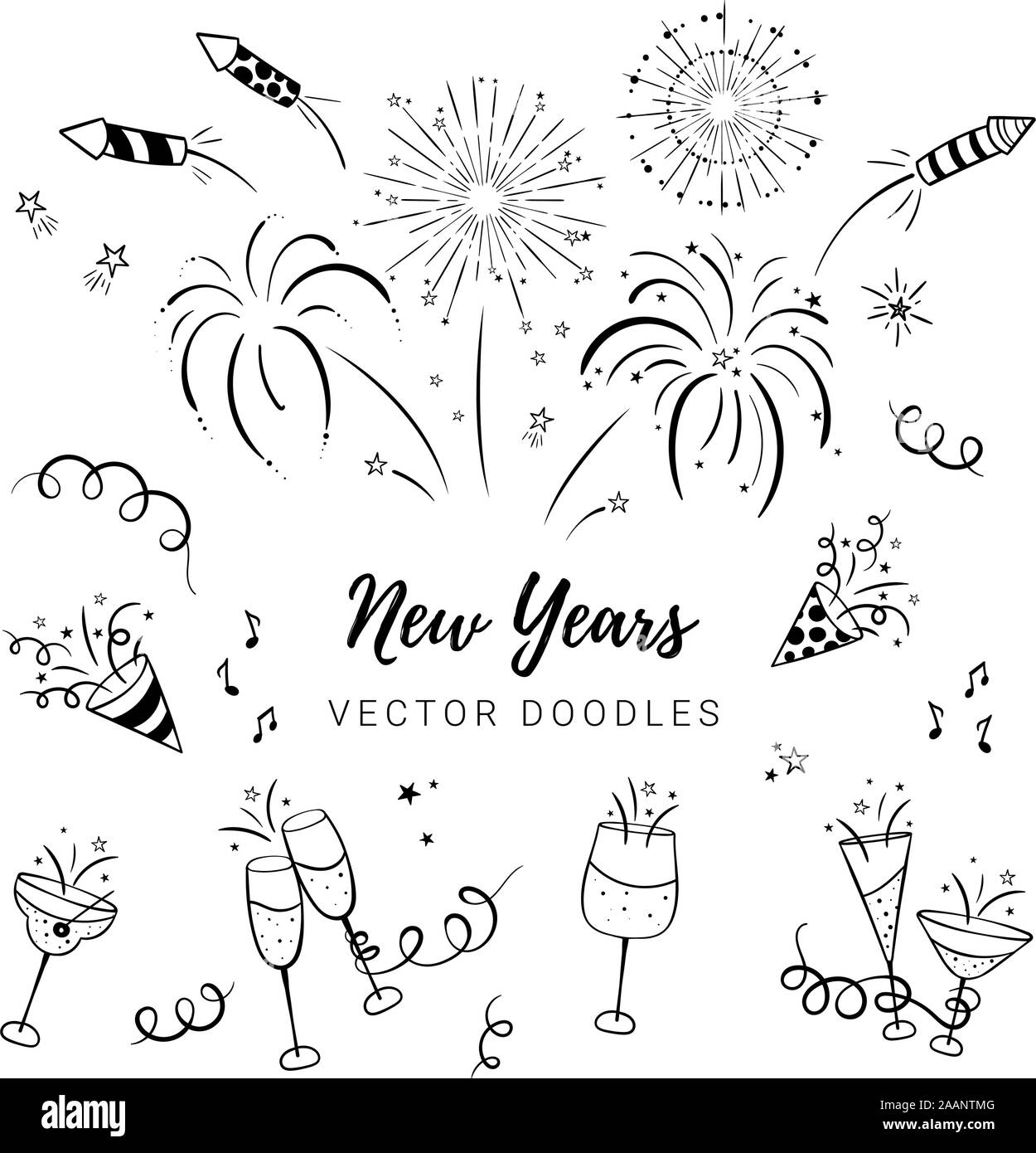 Spaß Hand gezeichnet Neue Jahre Partei doodles - Feuerwerk, Papier Streamer, Cocktails und Raketen, ideal für Banner, Tapeten, Textilien, Verpackung Stock Vektor