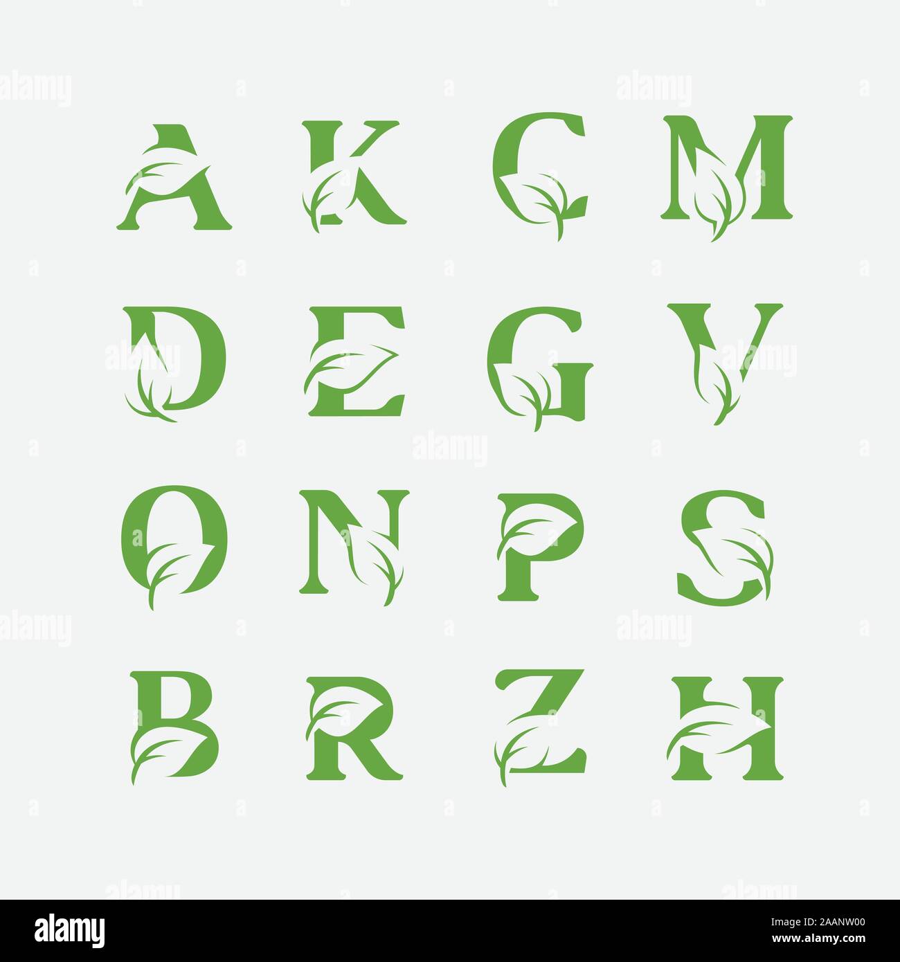 Satz von Vector grün Alphabet eco Logo mit Blätter, grün Eco Alphabet Vektorsymbol, der mit der Natur Logo Design Inspiration. Stock Vektor