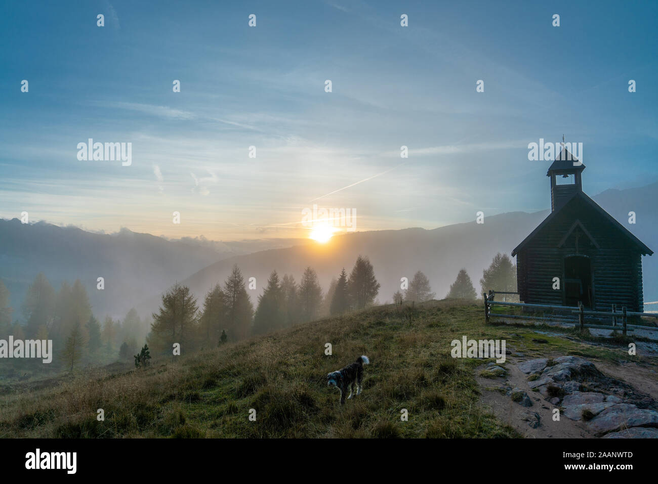 Sonnenuntergang an einem nebligen Abend mit Blick auf das Tal und die CHIESETTA Alpina chappel an der Valles Pass mit einem Hund im Vordergrund. Stockfoto