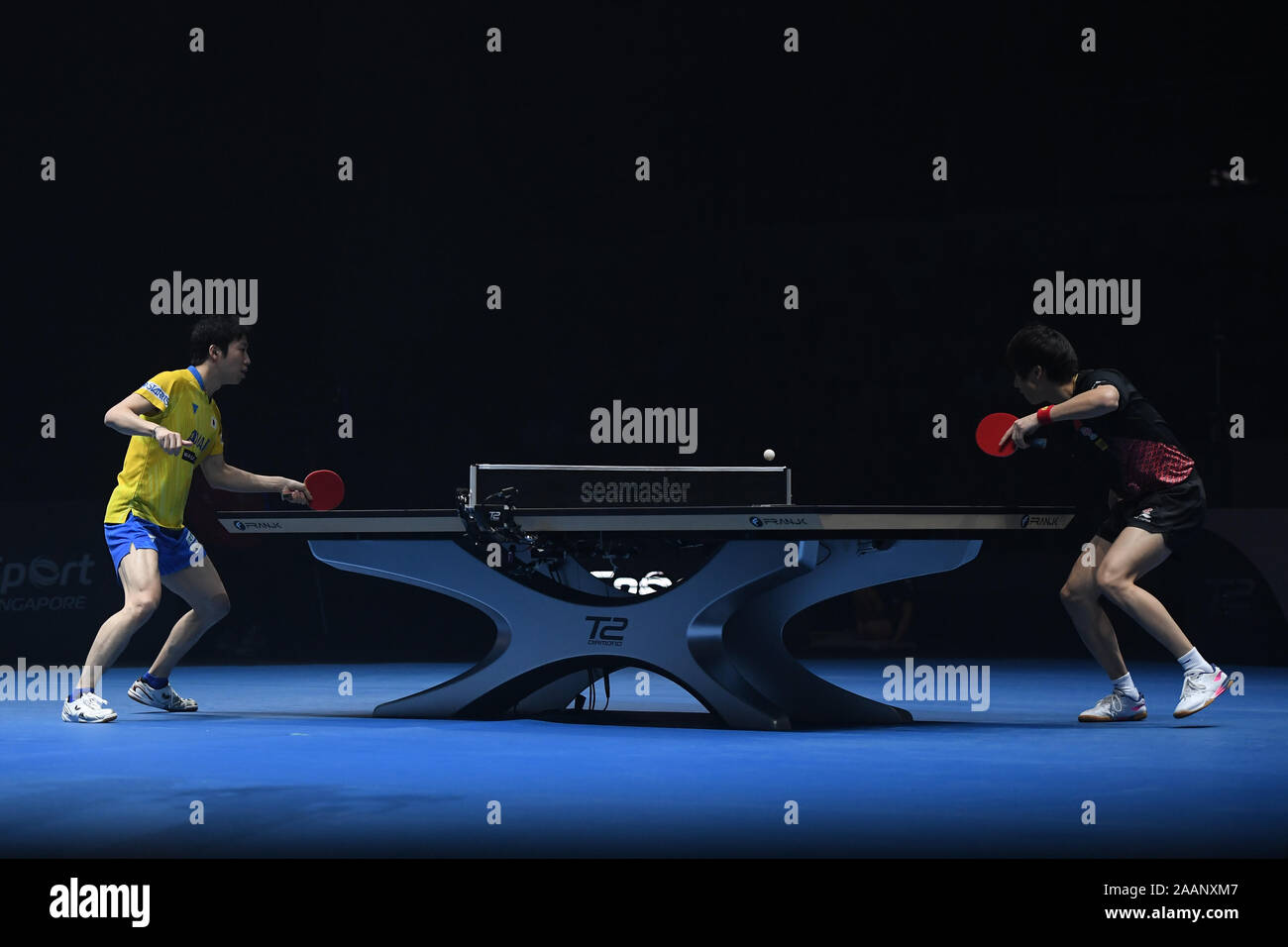 Tampines entfernt. 23 Nov, 2019. (L - R) Jun Mizutani (JPN) - gaoyuan Lin (CHN), 23.November 2019 - Tischtennis: Match 21 an T2 Diamond 2019 Singapur in Tampines entfernt. Credit: haruhiko Otsuka/LBA/Alamy leben Nachrichten Stockfoto