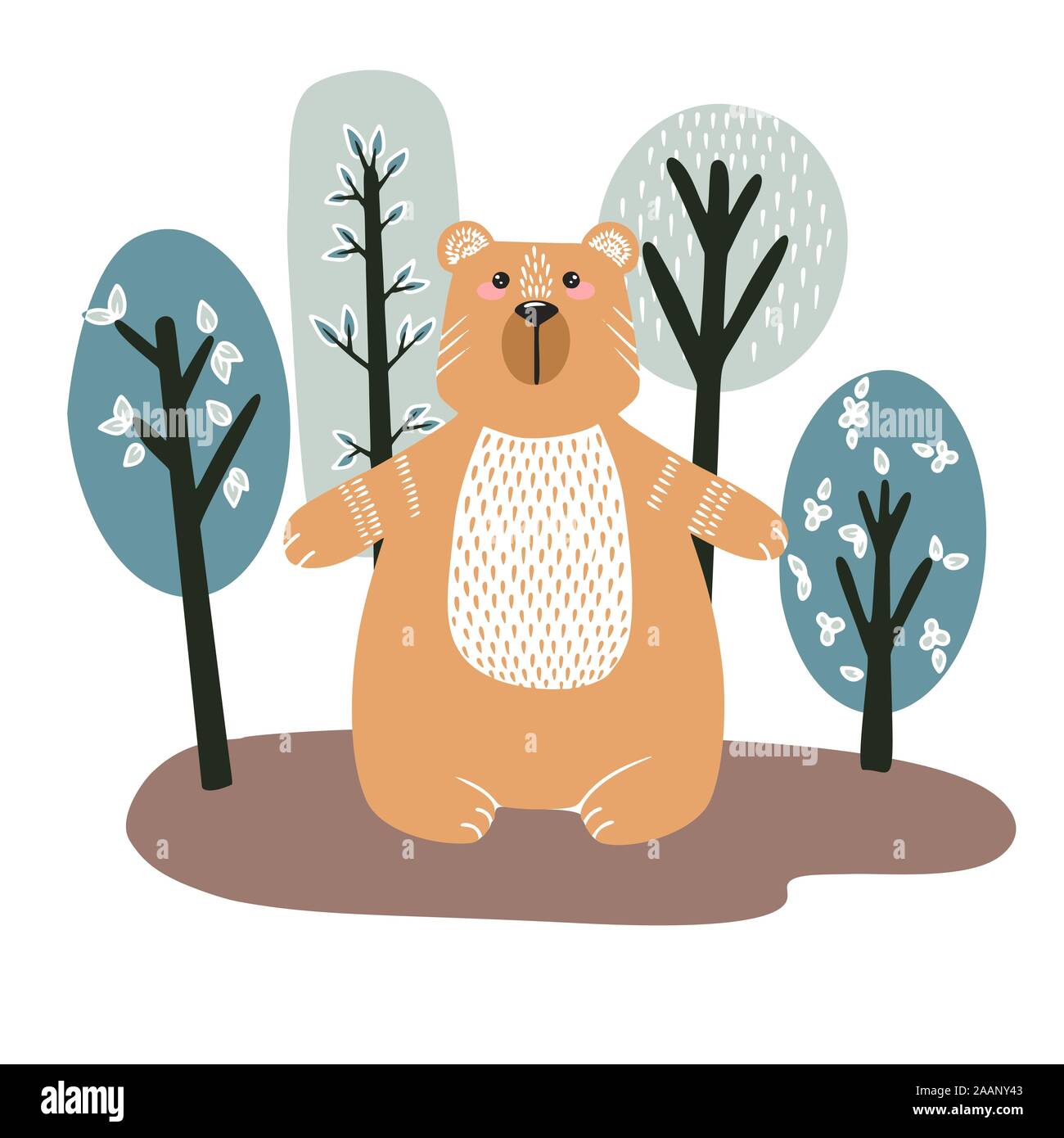 Niedlichen Bären auf dem Hintergrund der Bäume. Hand gezeichnet Abbildung im skandinavischen Stil. Stock Vektor