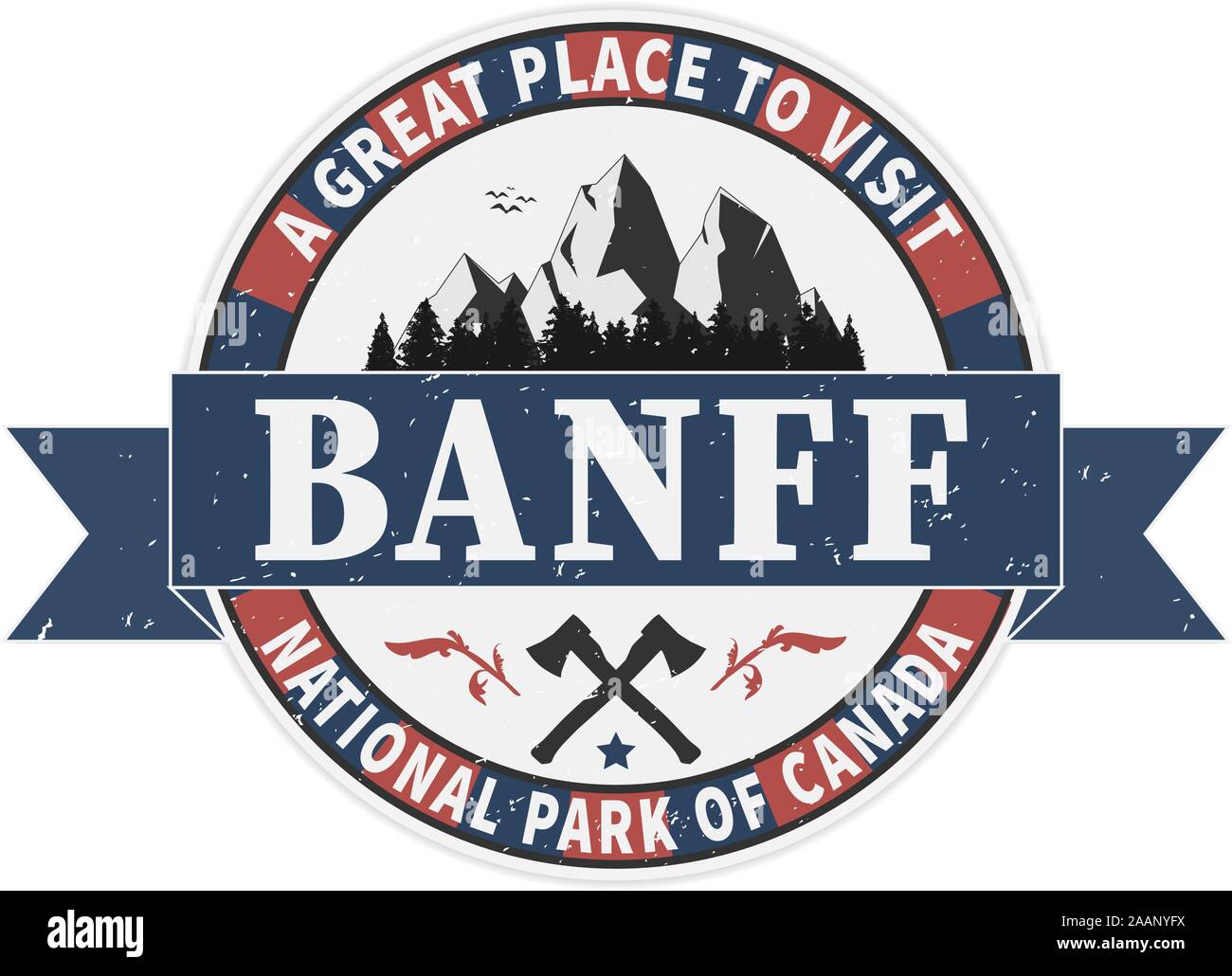 Banff National Park grunge Stempelabdruck auf weißem Hintergrund, Vector Illustration Stock Vektor