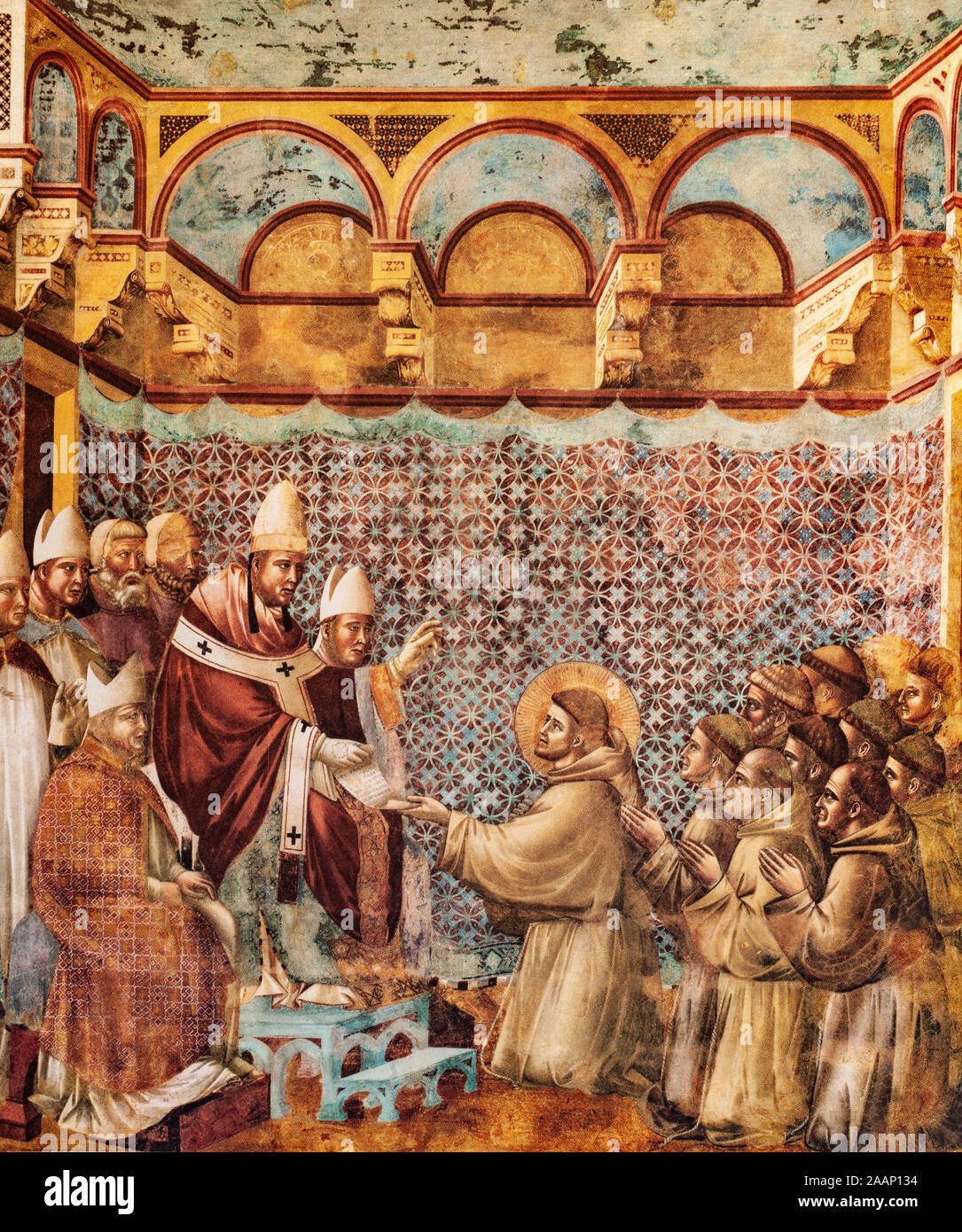 Ein Fresko in der Oberen Basilika von Assisi, wahrscheinlich eine Arbeit von Giotto di Bondone (1266-1337) zeigt der Heilige Franz von Assisi, die Bestätigung der Zulassung von seiner religiösen Gemeinschaft im Jahr 1210 von Papst Innozenz III. Stockfoto