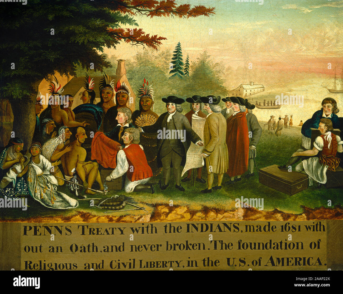 Der englische Marktführer der Quäker William Penn den Abschluss eines Vertrags über Freundschaft mit nordamerikanischen Indianern im November 1683, die von einem zeitgenössischen Kupferstich von Benjamin West. Penn's Kolonie Pennsylvania wurde ein Modell Land der politische und religiöse Toleranz. Stockfoto