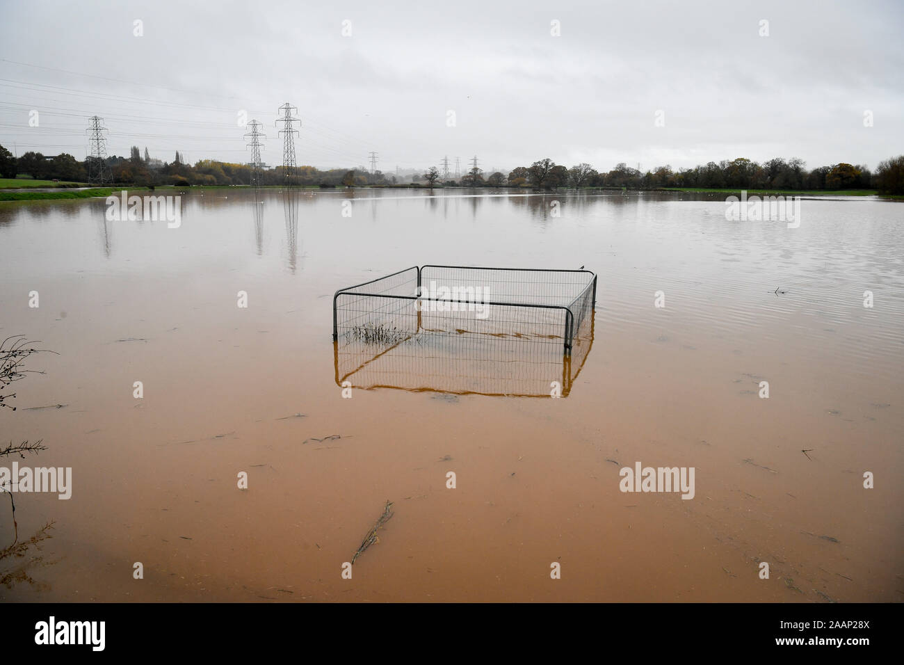 Felder neben dem Fluss Clyst in Clyst St. Mary, Exeter, wo schwere Regen den Fluss verursacht hat, platzen die Ufer und überschwemmen die Umgebung. Stockfoto