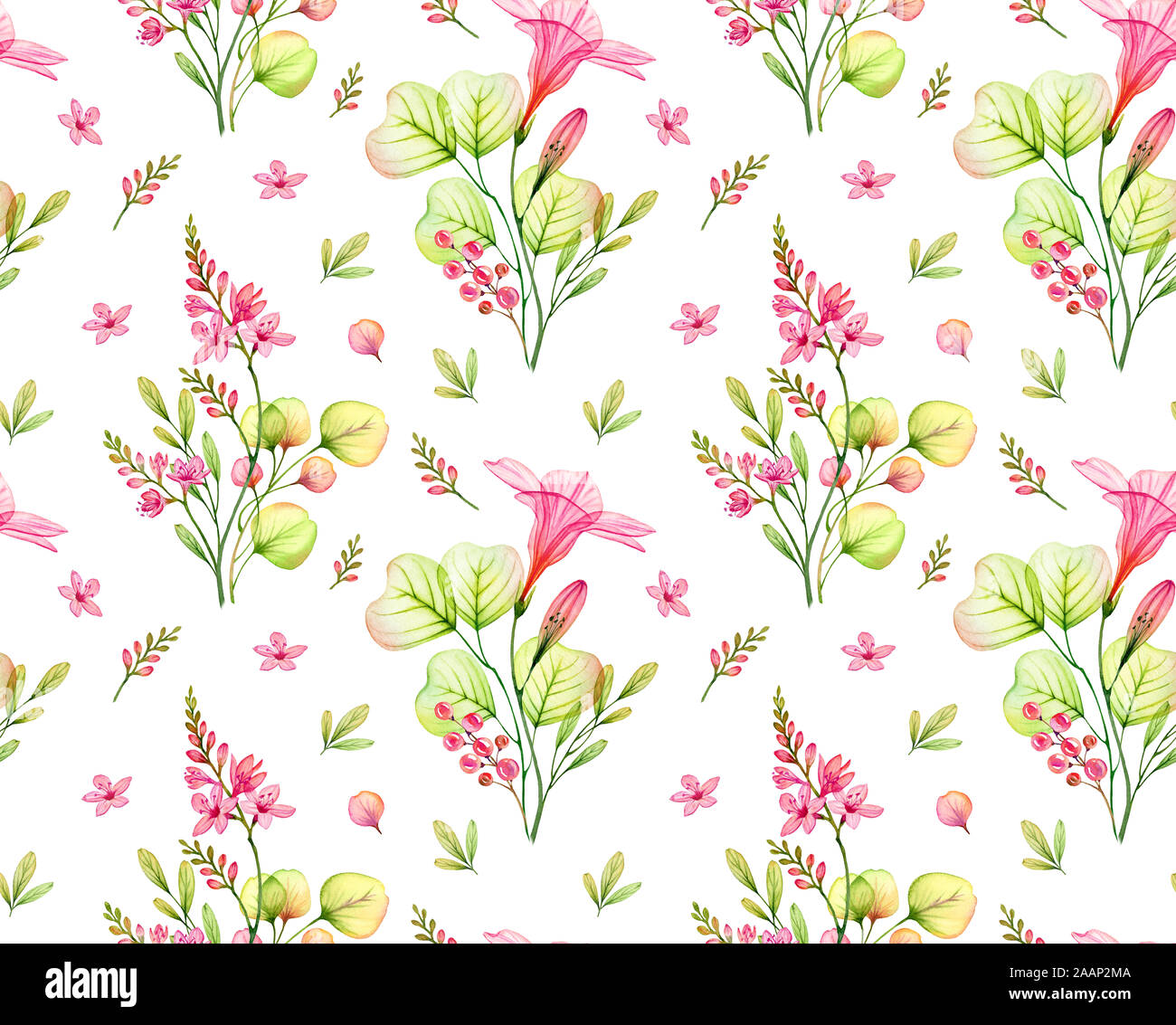 Aquarell Transparente freesia und Hibiscus Blüten und Blätter. Nahtlose tropische Muster isoliert auf Weiss. Botanische Illustration für Hochzeit Design Stockfoto