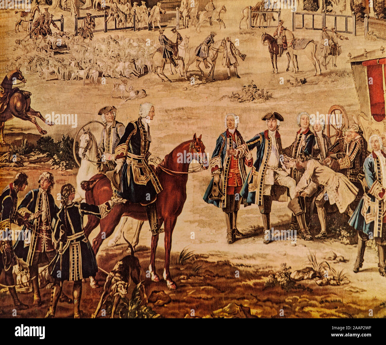 Louis XV (1710-1774), König von Frankreich die Jagd in den Wald von Compiegne. Er folgte seinem Urgroßvater Ludwig XIV. im Alter von fünf Jahren. Bis er erreicht Reife das Königreich von Philippe II. regiert wurde, Herzog von Orléans, als Regent von Frankreich. Kardinal Fleury war seine Chief Minister von 1726 bis zum Tod des Kardinals im Jahre 1743, als der König die alleinige Kontrolle über das Königreich. Stockfoto