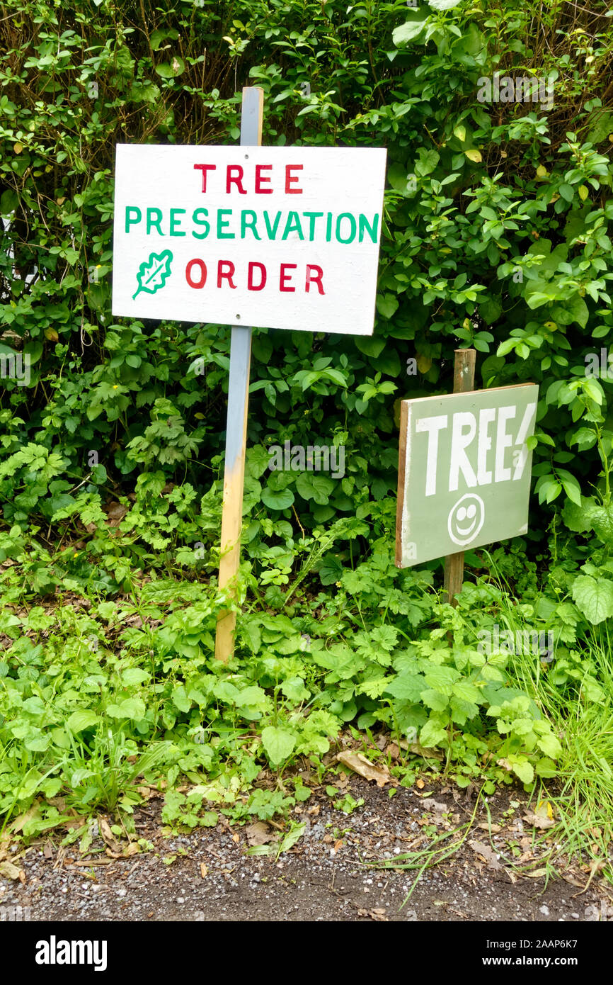 Warminster, Wiltshire, UK - 26. Juni 2019: Anwohner hand made Tree Erhaltung Anmelden Protest gegen eine Entwicklung des neuen Gehäuses auf Flächen, die in Warminster Stockfoto