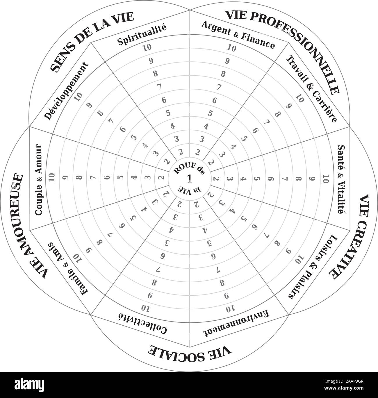 Rad des Lebens - Diagramm - Coaching Tool in Schwarz und Weiß - Französische Sprache Stock Vektor
