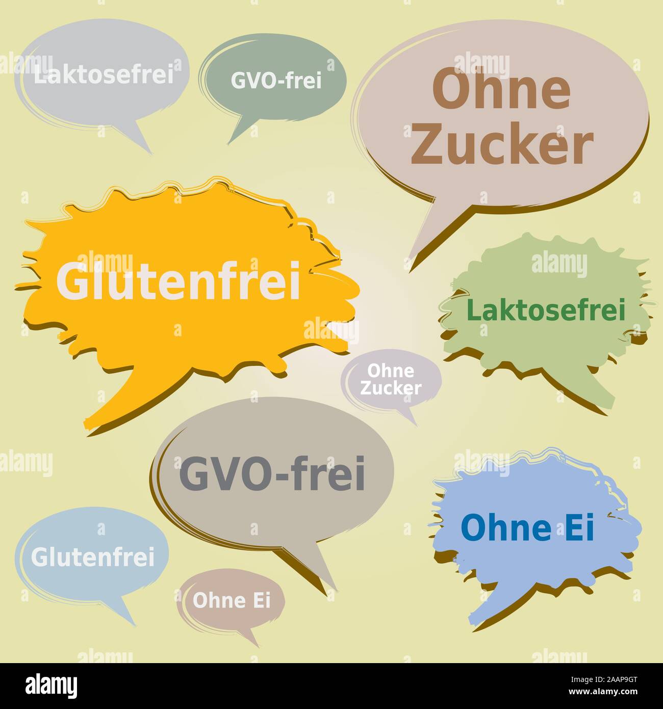 Dialogfelder Tags Nahrungsmittelallergene - Glutenfreie Zucker Laktose Ei gentechnikfreie Etiketten - Deutsche Sprache Stock Vektor