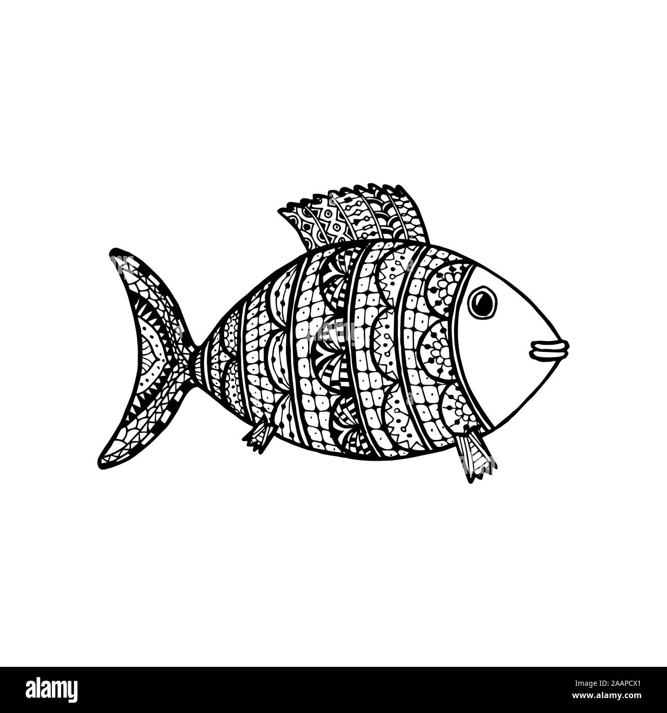 Vector Illustration von Hand gemusterten cartoon Fisch gezogen. Färbung Seite Buch Anti Stress für Erwachsene. Konzept für Restaurant Speisekarte, Branding, Logo l Stock Vektor