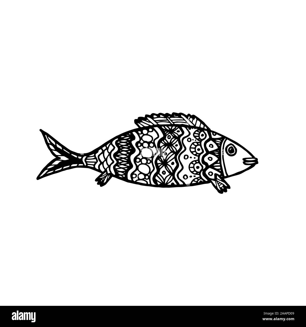 Vector Illustration von Hand gemusterten cartoon Fisch gezogen. Färbung Seite Buch - zendala Für Entspannung und Meditation Stock Vektor