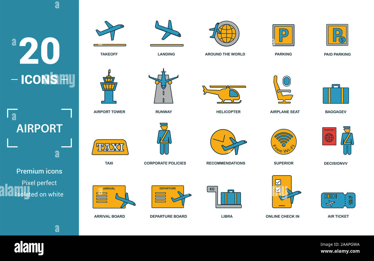 Airport Symbol gesetzt. Kreative Elemente Start gehören, rund um die Welt, Flughafen Tower, Sitz, taxi Symbole. Kann für den Bericht verwendet, Präsentation. Stockfoto