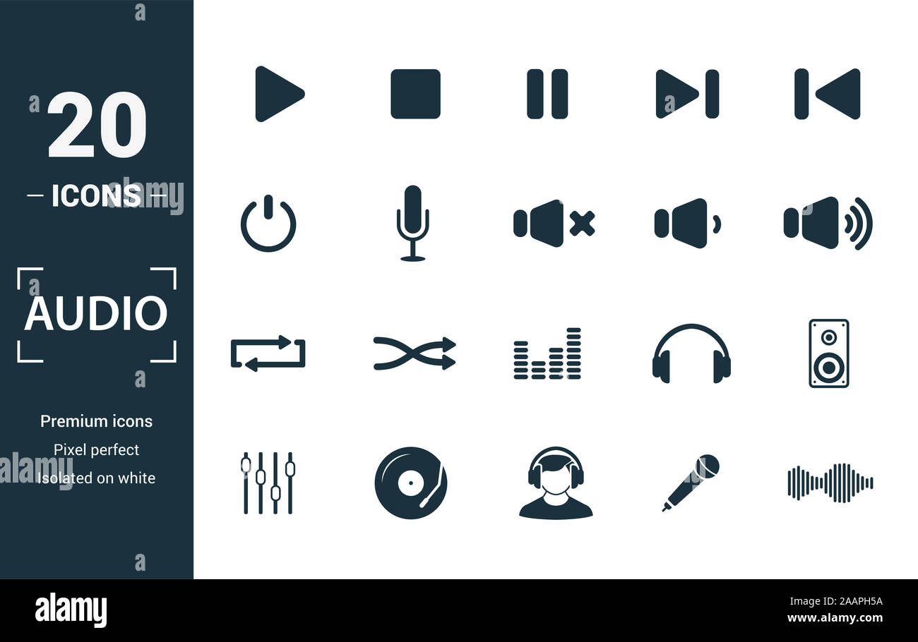 Audio Buttons Icon Set. Gehören kreative Elemente Play, Pause, Ein/Aus, Lautstärke, wiederholen Sie die Symbole. Kann für Bericht, Präsentation, Diagramm verwendet werden, Web Stockfoto