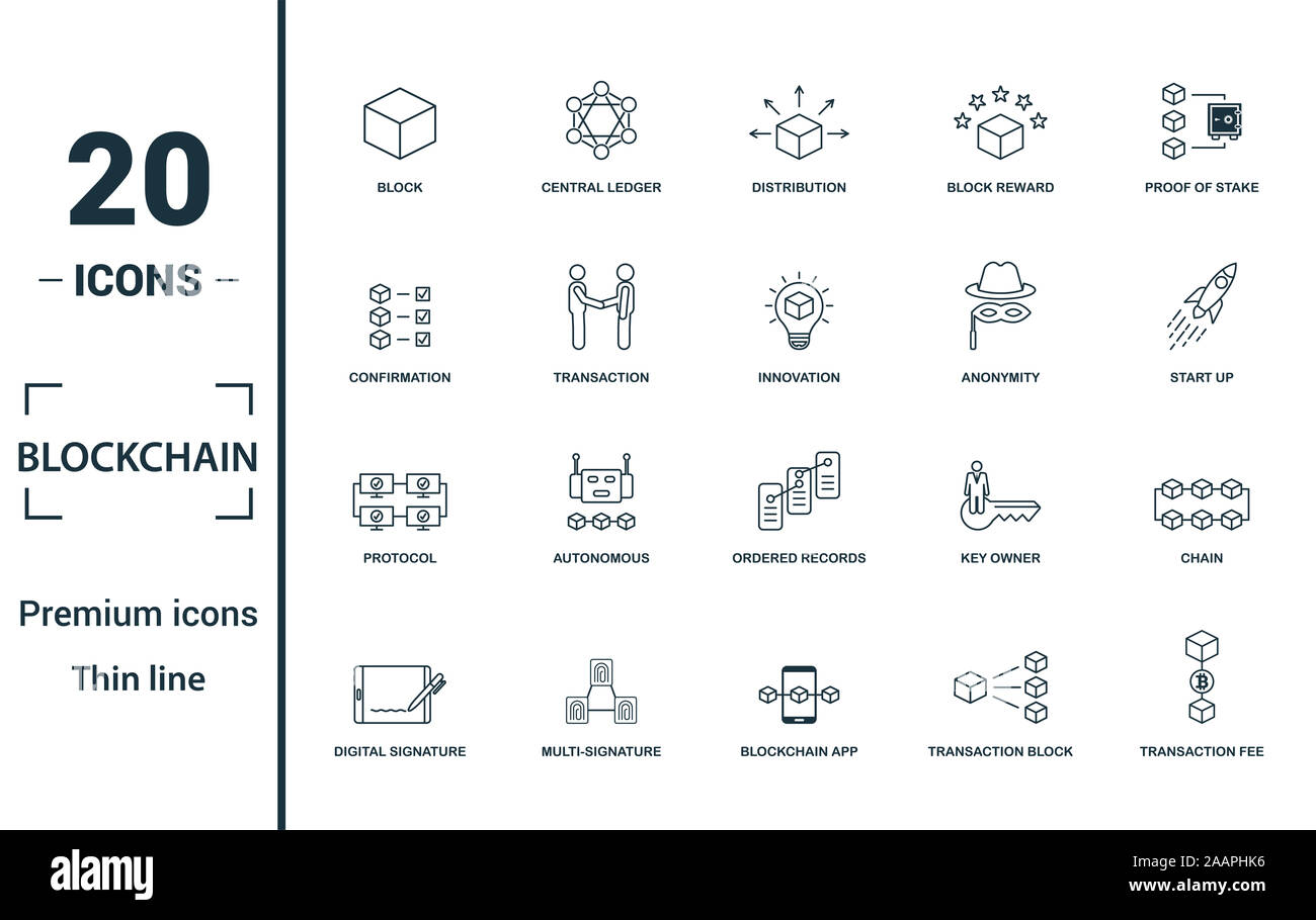 Blockchain Icon Set. Kreative Elemente Block, Verteilung, Bestätigung, Anonymität, Protokoll Symbole. Kann für den Bericht verwendet, Präsentation. Stockfoto