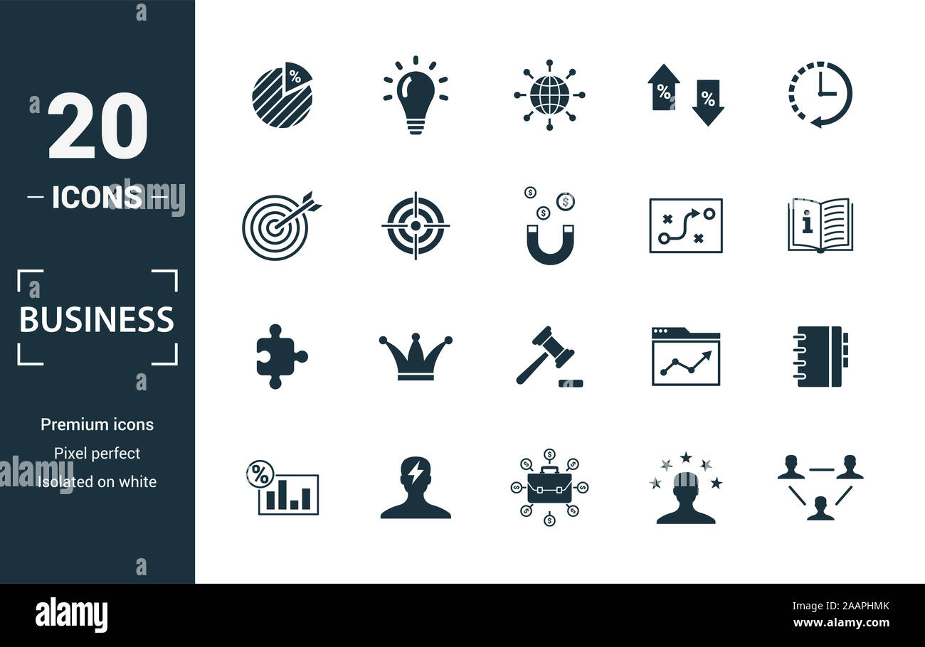 Business Icon Set. Kreative Elemente Diagramm, weltweit, Präzision, Strategie, Konzept Symbole. Kann für Bericht, Präsentation, Schaltplan. Stockfoto