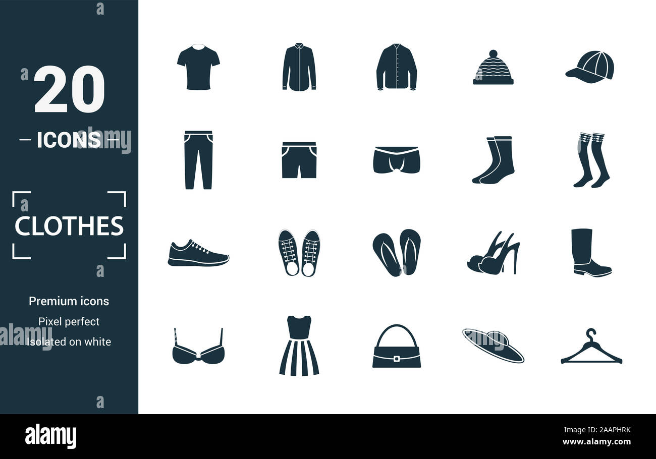 Kleidung Icon Set. Gehören kreative Elemente t-shirt, Jacke, Hose, Socken, Schuhe Symbole. Kann für Bericht, Präsentation, Grafik, Web Design Stockfoto