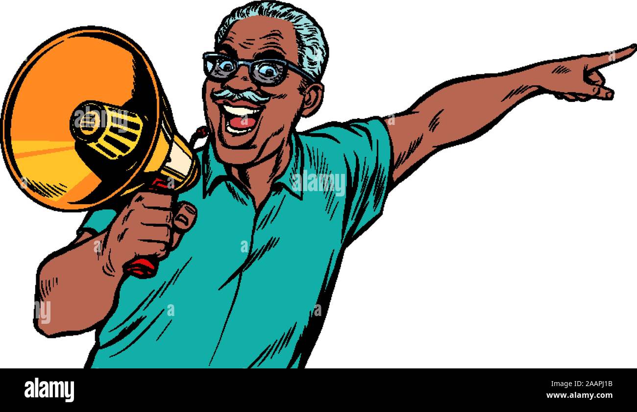 Afrikanische älterer Mann mit einem Megaphon Stock Vektor