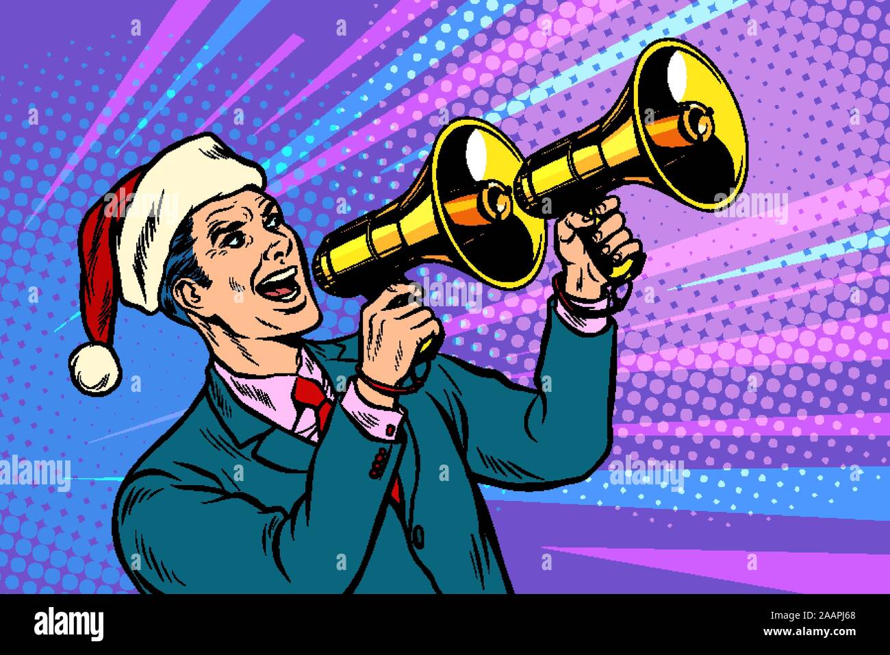 Weihnachten Verkauf. Geschäftsmann wirbt mit Megaphon Stock Vektor