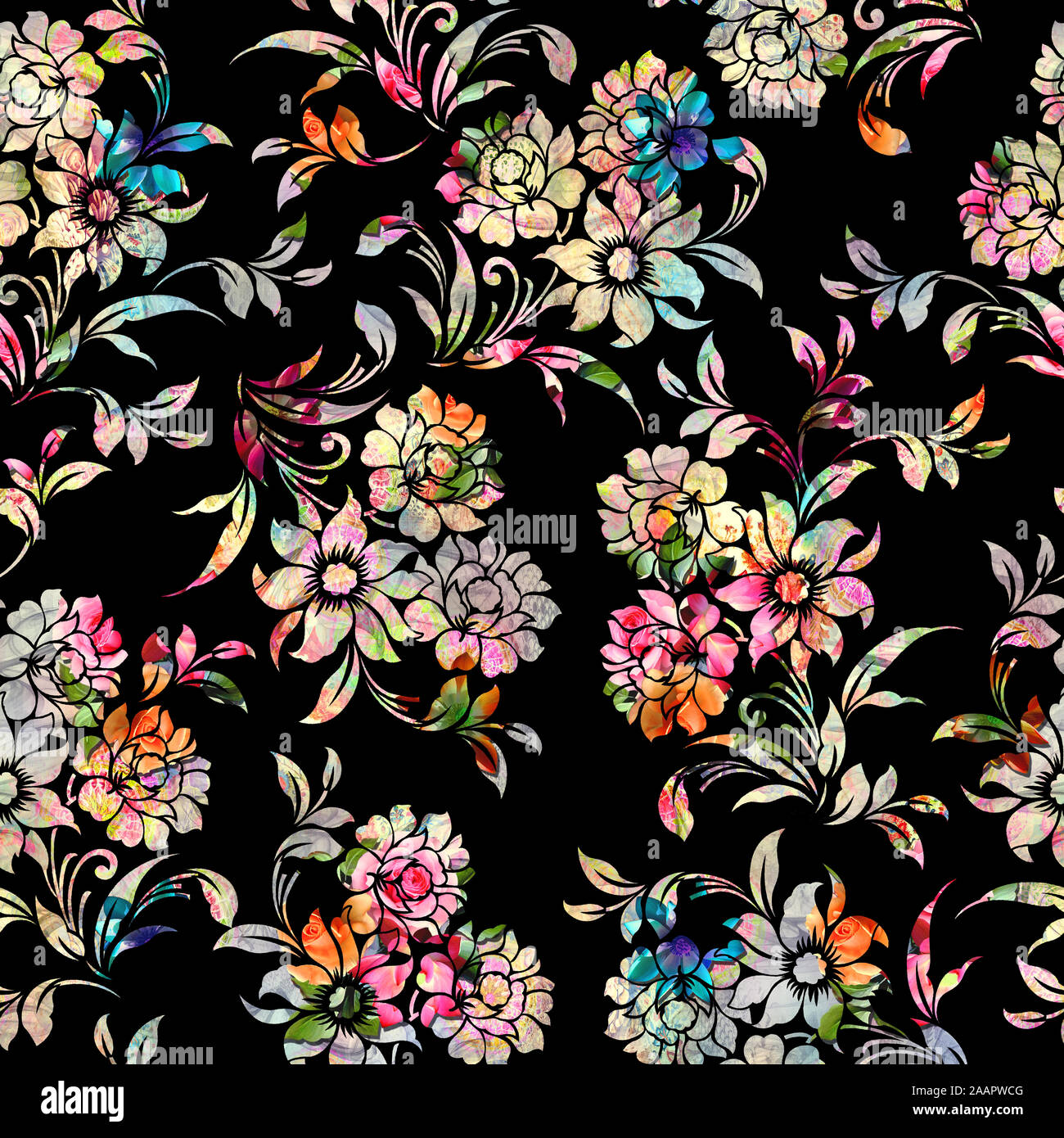 Nahtlose farbenfrohe Blumenmuster mit schwarzen Hintergrund Stockfoto