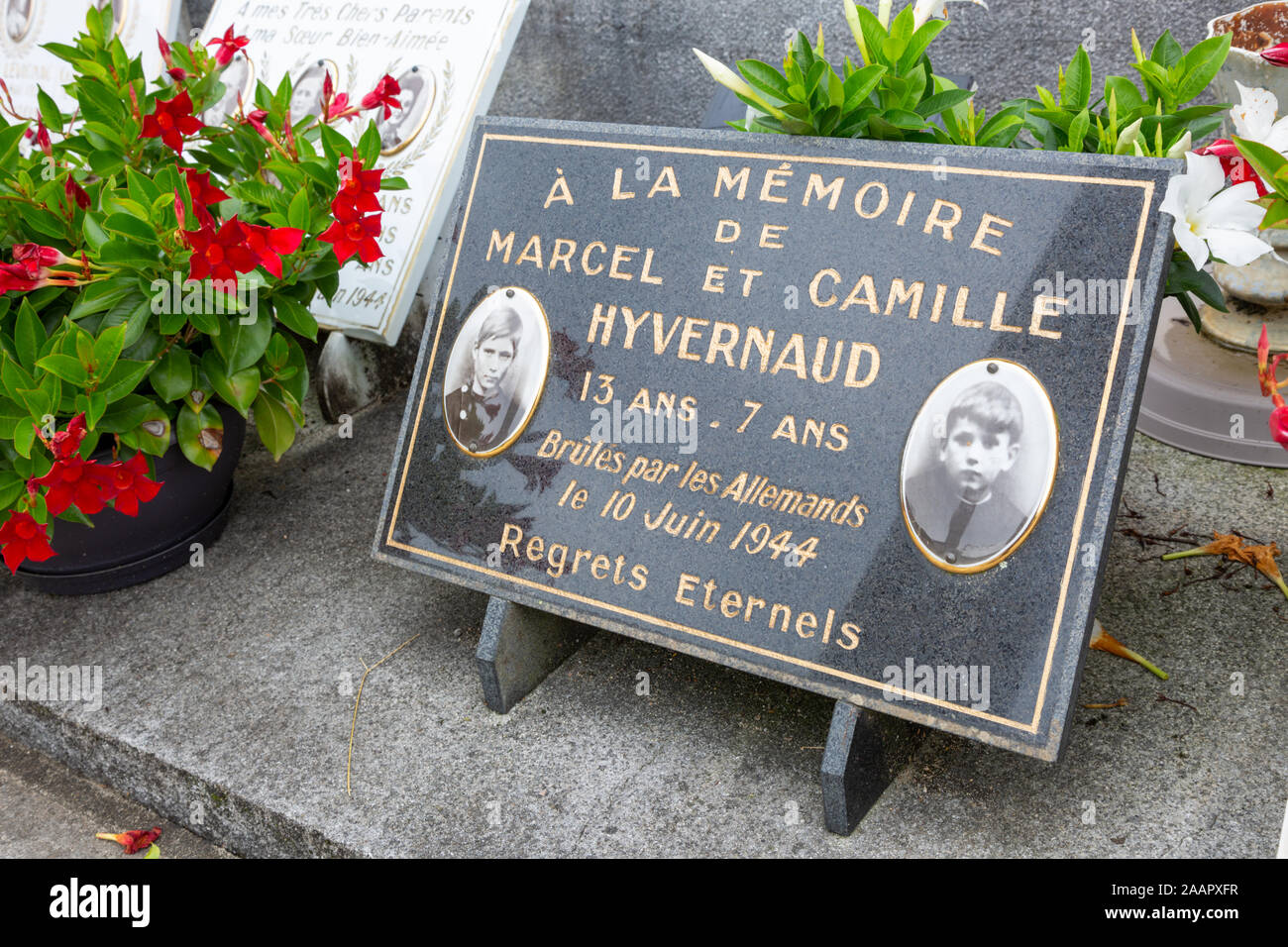 Grabsteine von einigen der Opfer der nationalsozialistischen Gräueltaten in Oradour-sur-Glane, Frankreich, Europa. Stockfoto