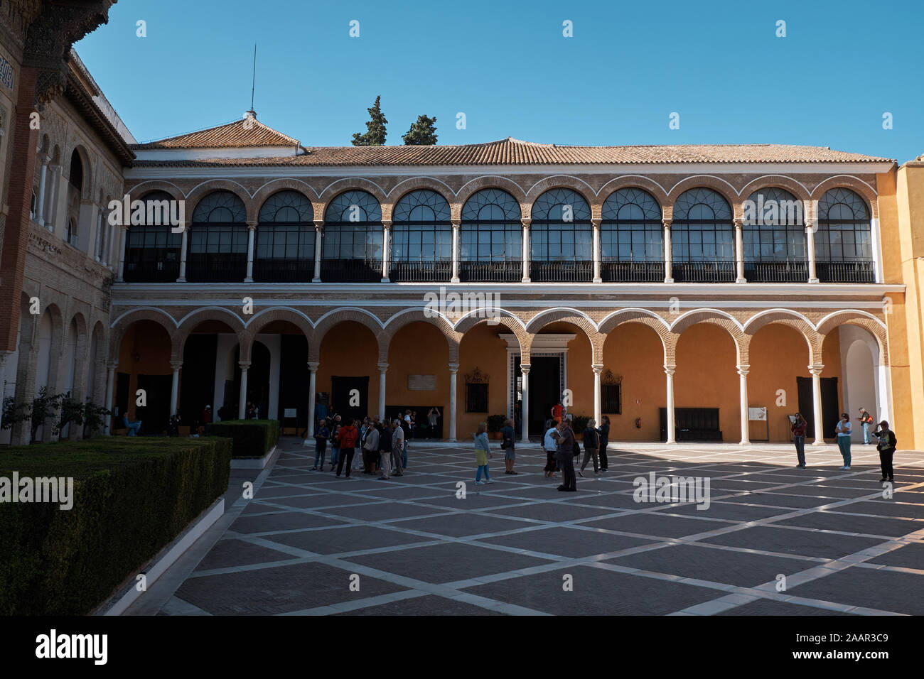 Patio de la Montería - Der königliche Palast Alcázar in Sevilla, Andalusien, Spanien. Stockfoto