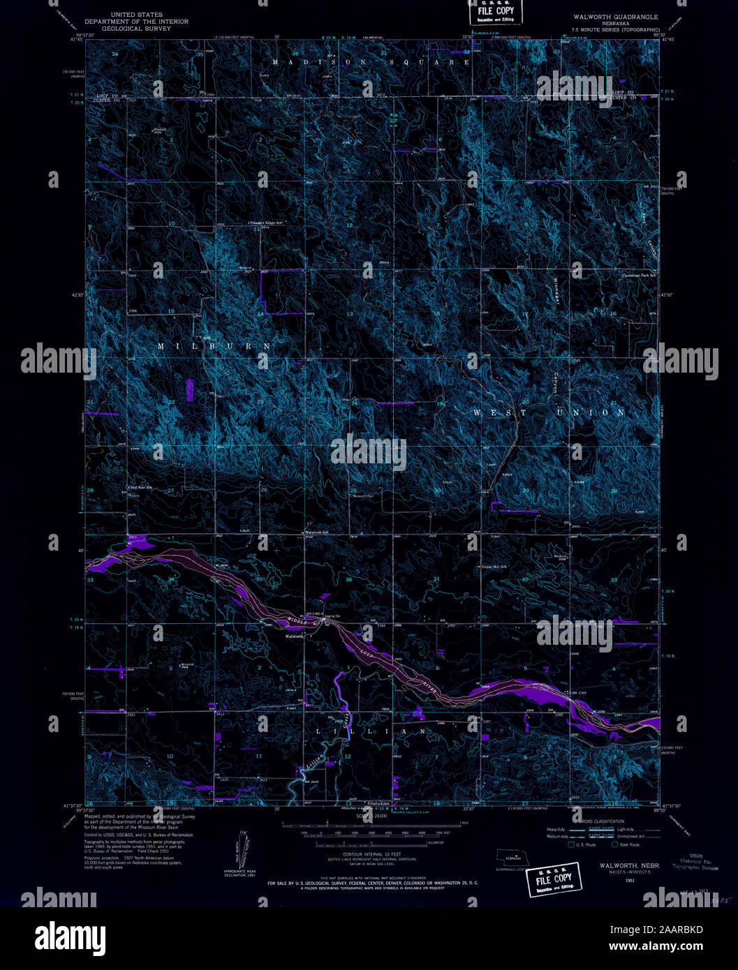 USGS TOPO Karte Nebraska NE Walworth 317422 1951 24000 invertiert Wiederherstellung Stockfoto