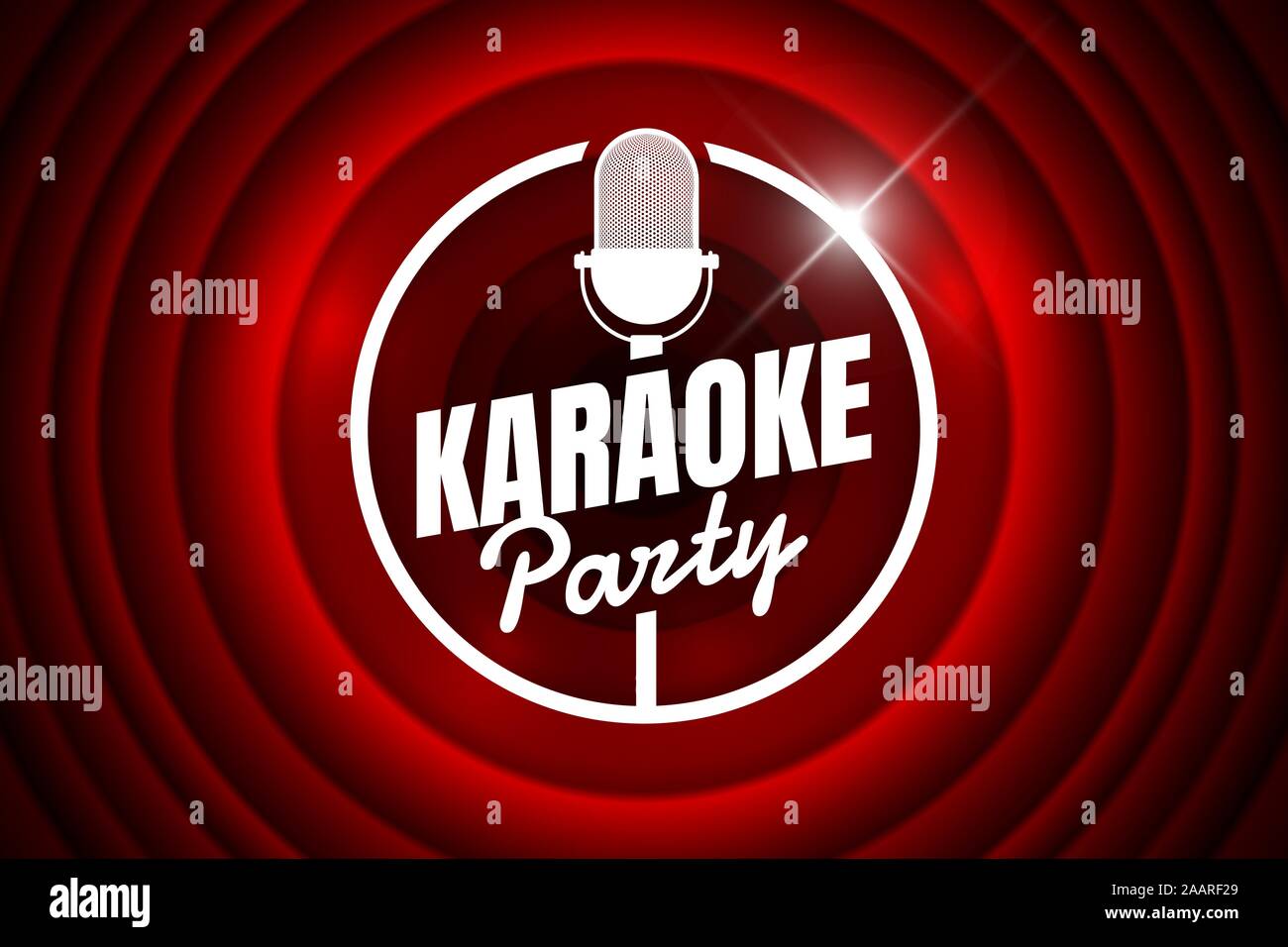 Karaoke Party Night Live Konzert zeigen mic Kreis Emblem auf roten Gradienten Vorhang drapieren Kulisse. Vector retro Mikrofon Symbol Abbildung Stock Vektor