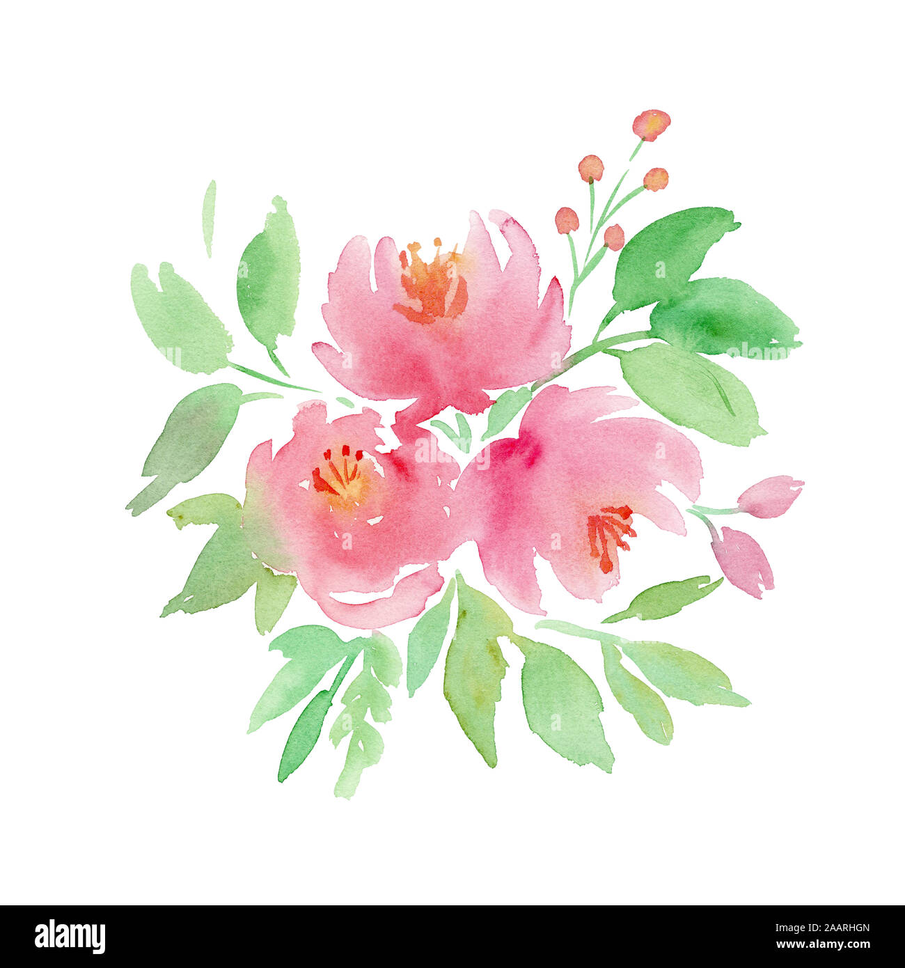 Handzeichnung boho Aquarell blumen Abbildung mit rosa Blumen, Zweige, Beeren, Blätter. Stockfoto