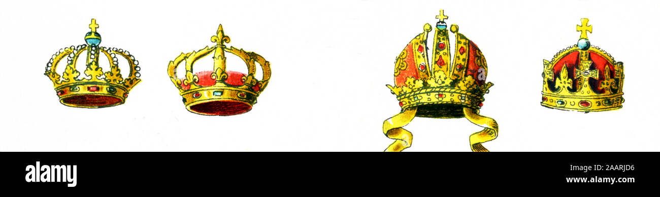 Hier sind die europäischen Kronen ab etwa dem Jahr 1500. Sie werden von links nach rechts, oben nach unten: Deutsch Krone, Deutsche Kaiserkrone, französischen Krone, der spanischen Krone. Die Abbildung stammt aus dem Jahre 1882. Stockfoto