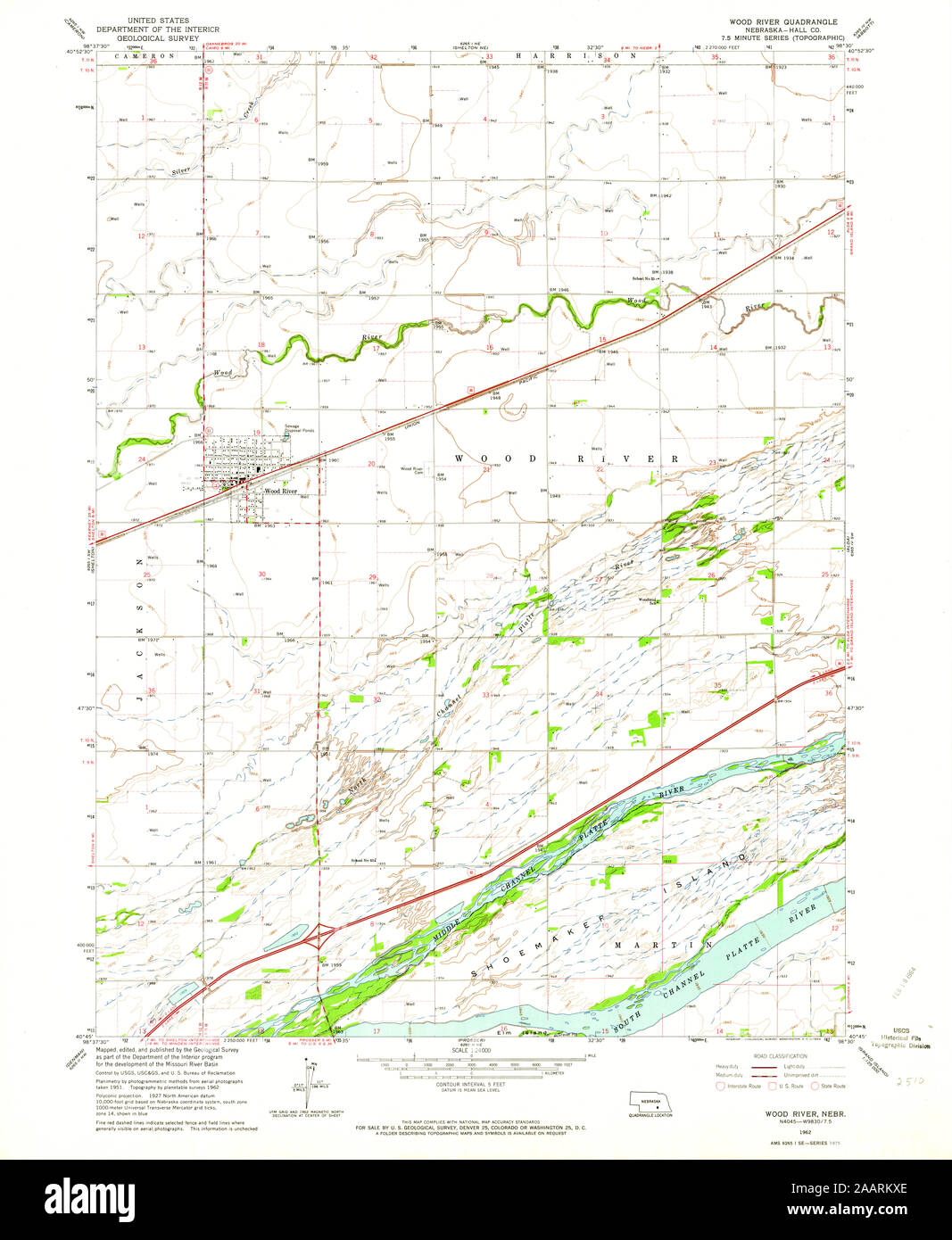 USGS TOPO Karte Nebraska NE Wood River 317508 1962 24000 Wiederherstellung Stockfoto