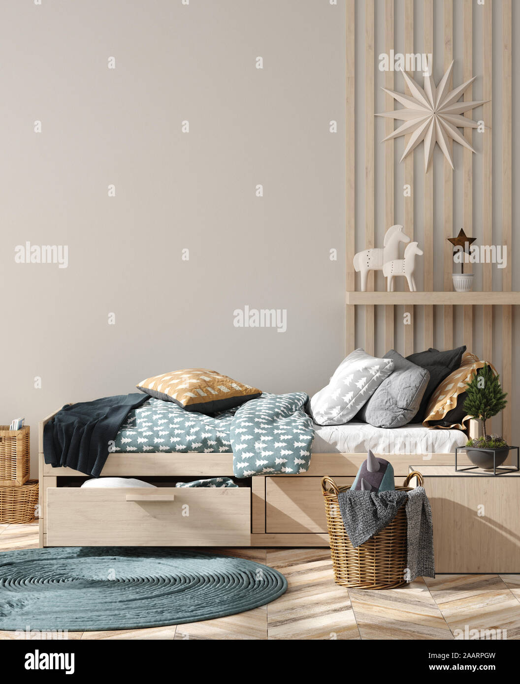 Wand mock up Hintergrund im Kinder zimmer einrichtung für das neue Jahr eingerichtet, 3D-Rendering Stockfoto