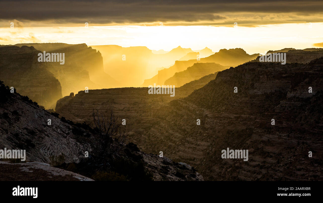 Sonnenaufgang in der Wüste von Utah Beleuchtung bis Schichten von felsigen Klippen Mesas, Buttes und Türme Gegenlicht der Morgenlicht. Stockfoto