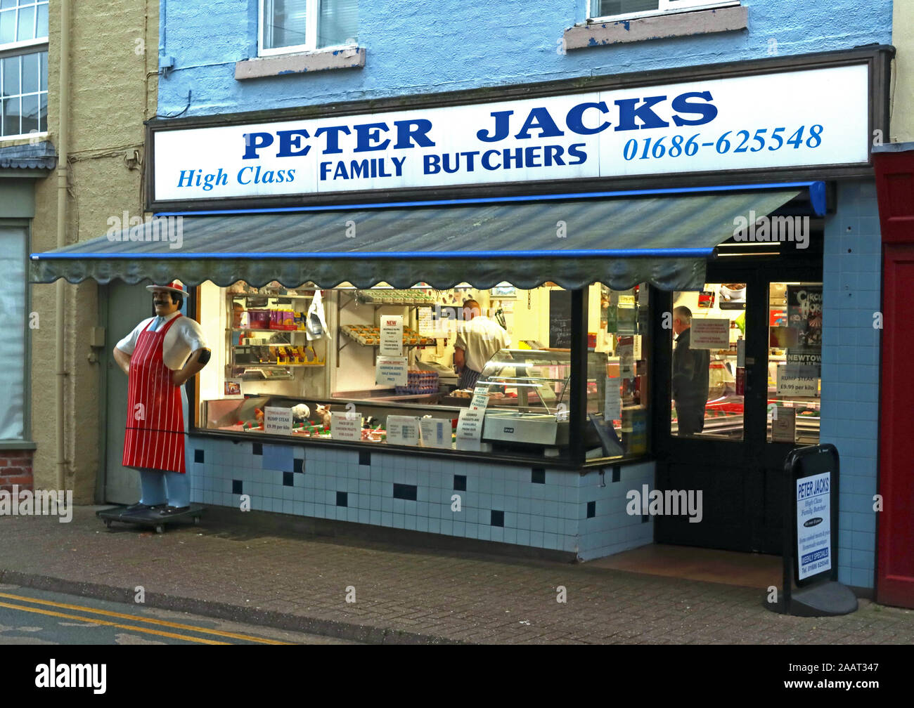 Peter-Buchsen High Class Metzgerei 01686-625548, 6 Market St, Newtown, Powys, Wales, SY16 2PQ Stockfoto