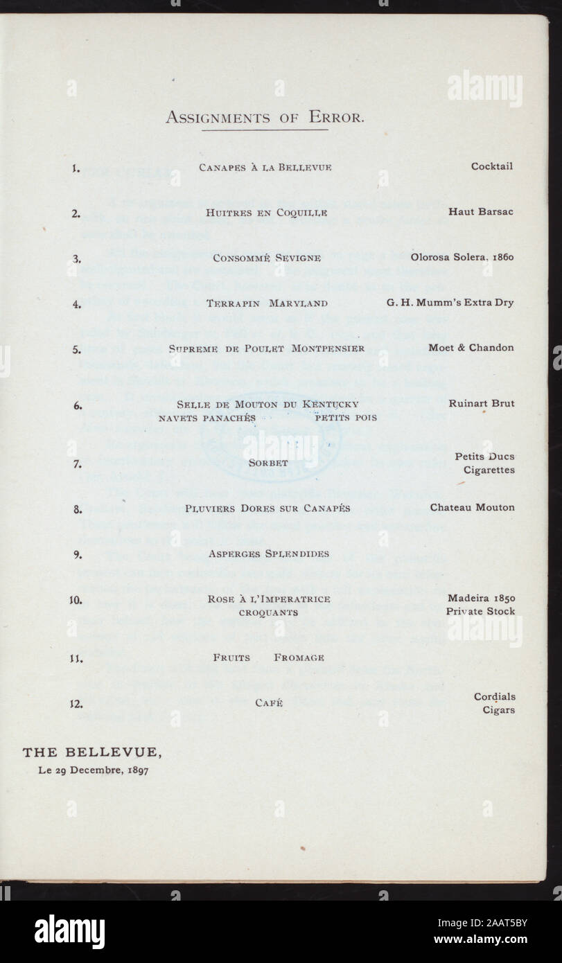 Abendessen HONNORING ISAAC N SOLIS, HENRY GREEN, JOHN DEAN (Durch) hohe BERUFUNGSGERICHT VON PENNSYLVANIA (at) Das BELLEVUE, PHILDELPHIA (PA) (HOTEL ;) HUMORVOLL LEGALESE; Französisch; Weine; Abendessen HONNORING ISAAC N. SOLIS, HENRY GREEN, JOHN DEAN [von] HOHE BERUFUNGSGERICHT gehalten VON PENNSYLVANIA [at] Das BELLEVUE, (PHILDELPHIA PA?) (HOTEL gehalten ;) Stockfoto