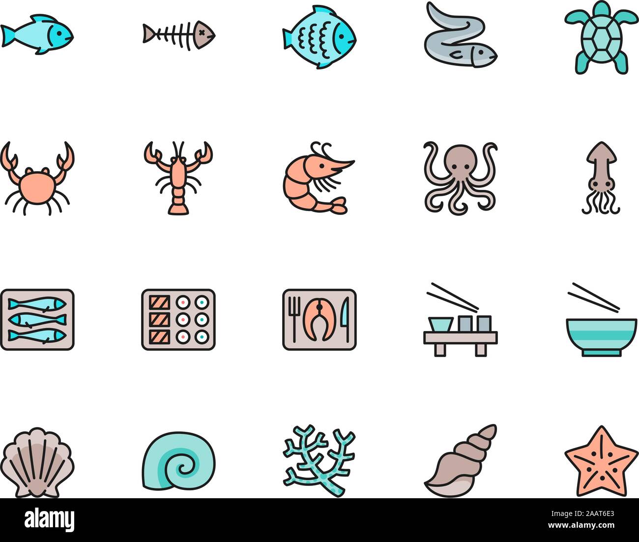 Eingestellt von Fisch und Meeresfrüchten Color Line Symbole. Flunder, Aal, Schildkröte, Krabben und mehr. Stock Vektor