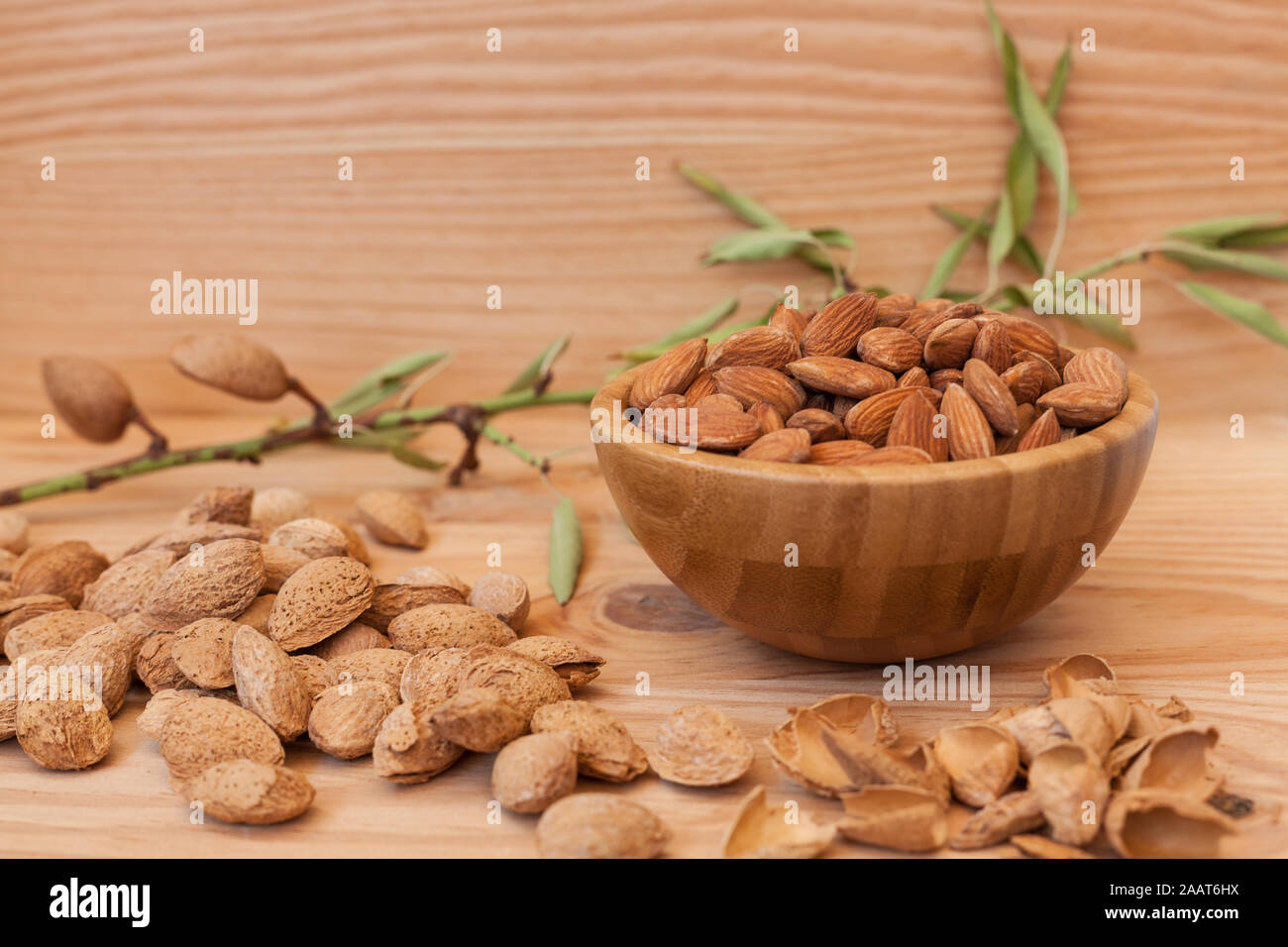 Shell und geschälte Mandeln in Houten auf hölzernen Tisch mit einer unfocused almond tree branch Stockfoto